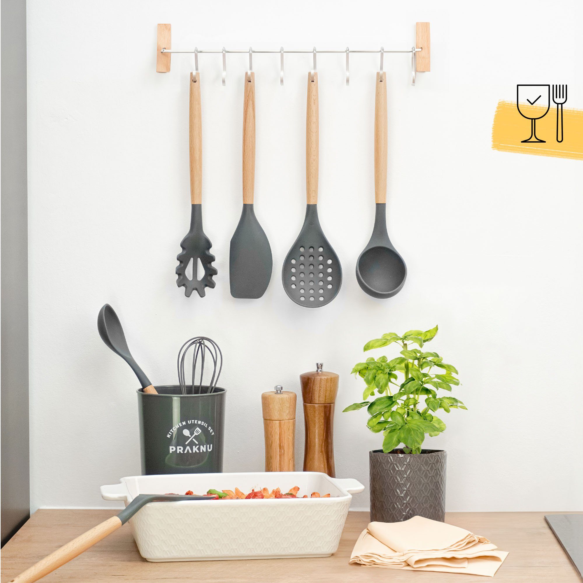 Praknu Kochbesteck-Set - 8 Silikon Küchenhelfer, Holzgriff Kochgeschirr Küchenutensilien (Set, 8-tlg), Küchen Accessoires Zubehör Haushalt Set & Halterung / Aufhängeschlaufe