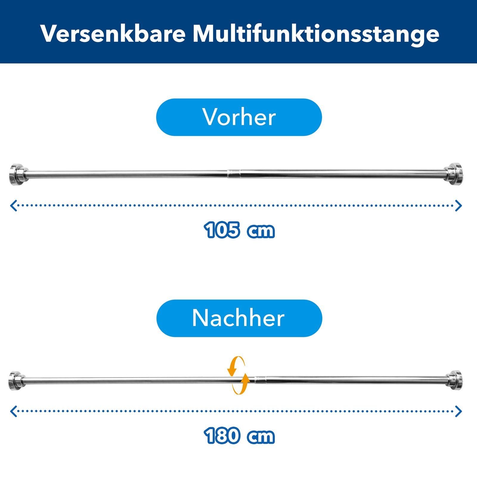 Duschvorhangstange stufenlos verstellbar, Inkl. 12 Duschringe, Karat, ausziehbar, geklemmt