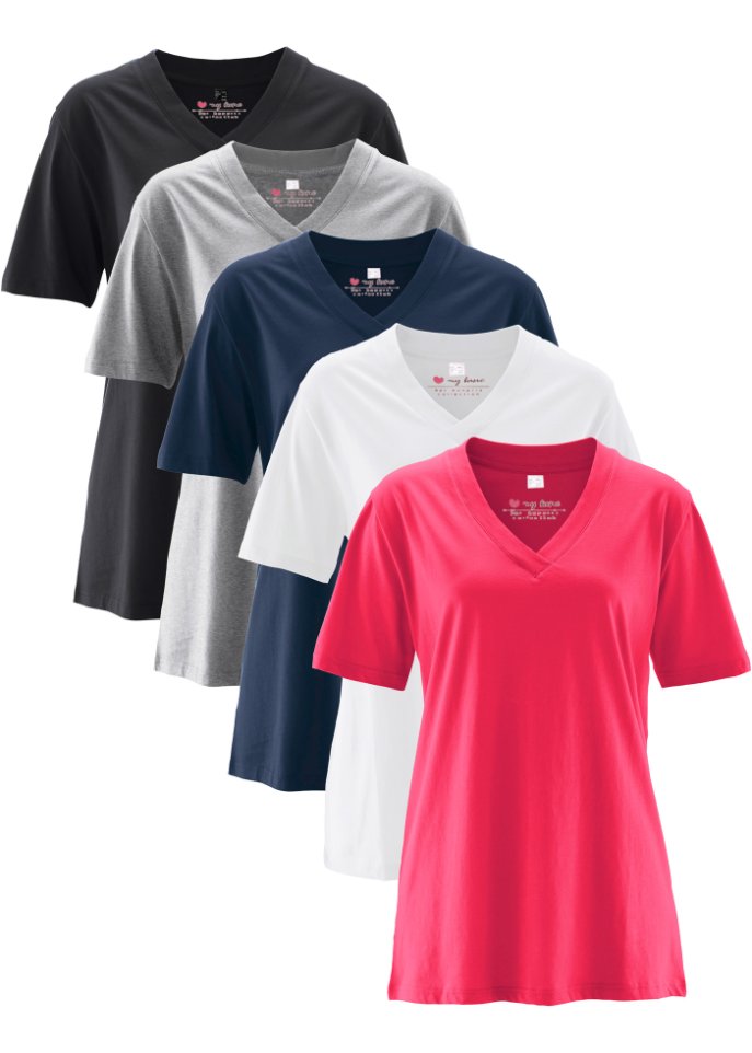 Weites Long-Shirt mit V-Ausschnitt, Kurzarm (5er Pack)