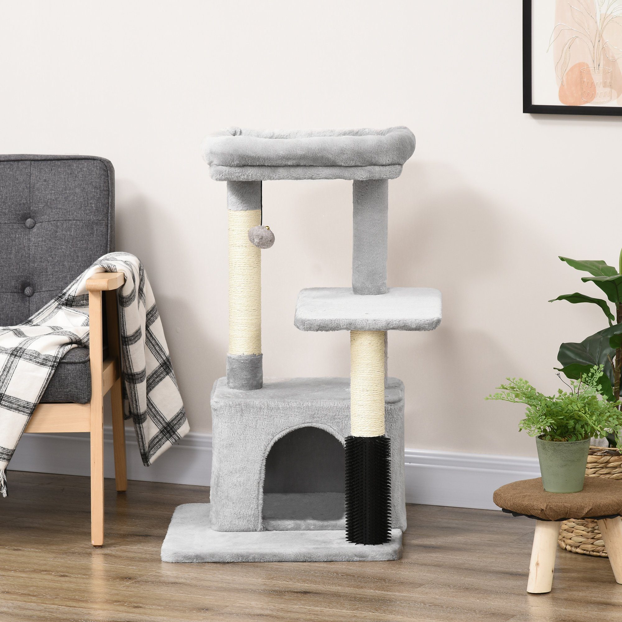PawHut Kratzbaum Katzenbaum mit Massageecke Katzenhöhle Katzenkratzbaum Hellgrau, 48L x 48B x 85H cm