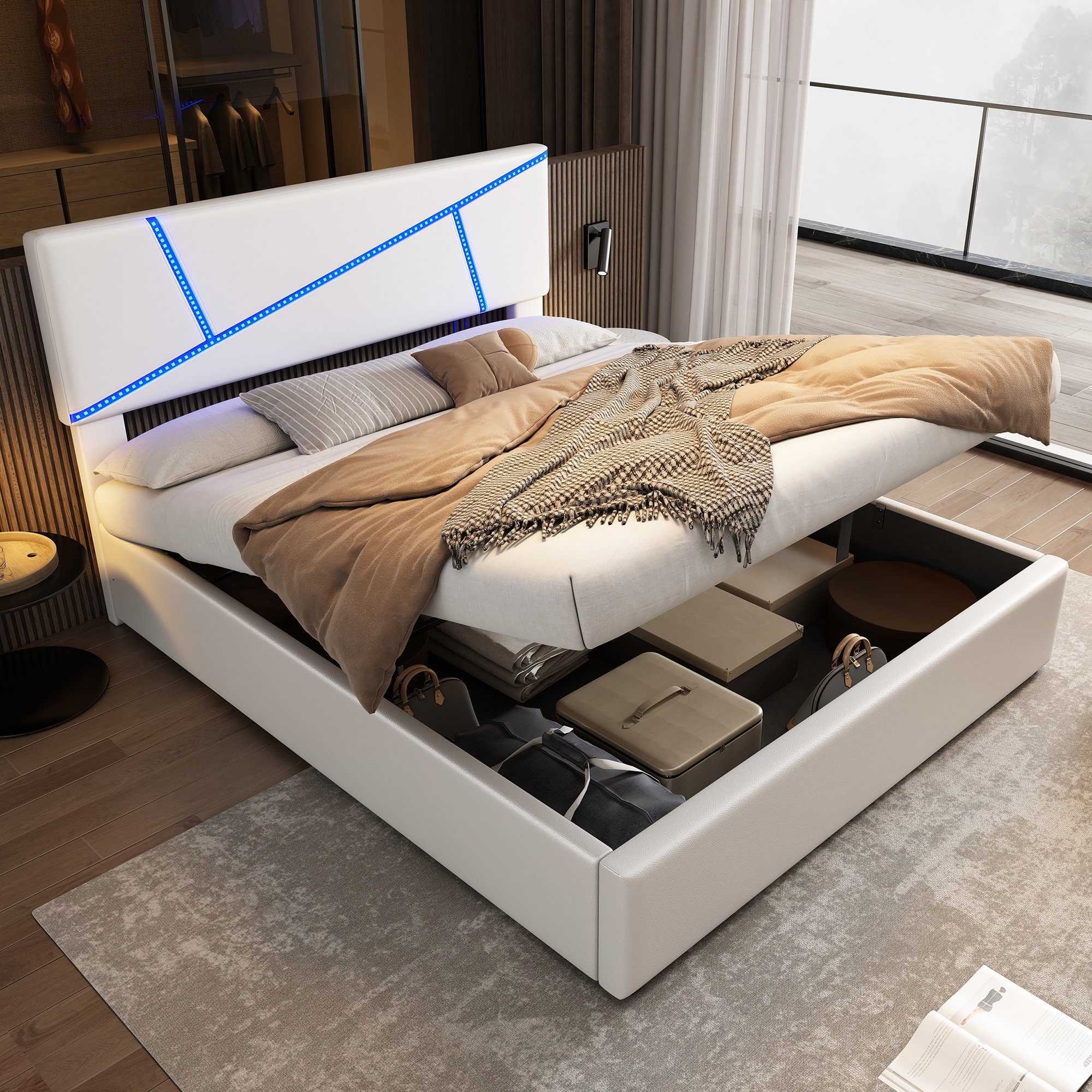 OKWISH Polsterbett Bequemes (mit LED-Lichtleisten,160*200 cm, Doppelbett mit Lattenrost, Rückenlehne, Hydraulisches Funktionsbett, Synthetisches Leder), Weiß
