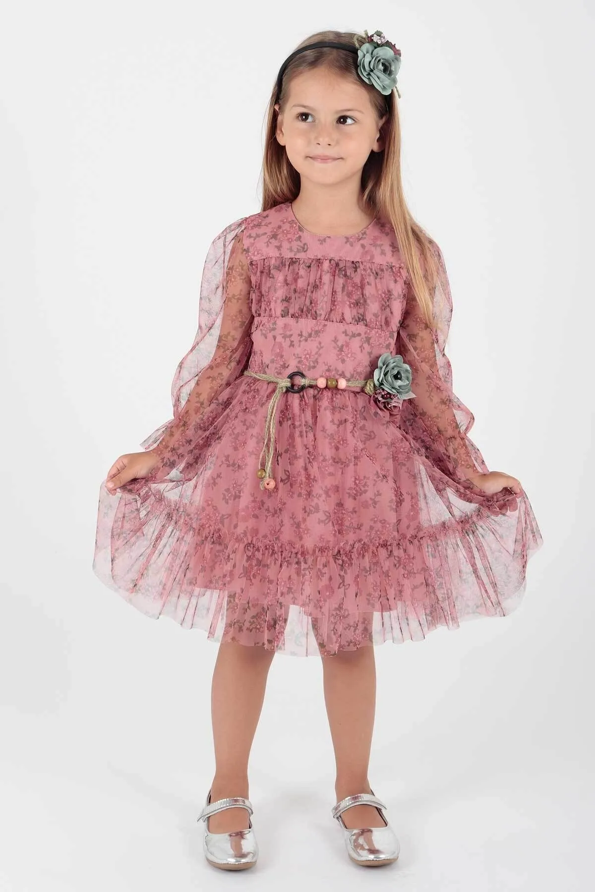 AHENGİM  Mädchenkleid mit Blumenmuster und gekröntem Gürtel Ak2202