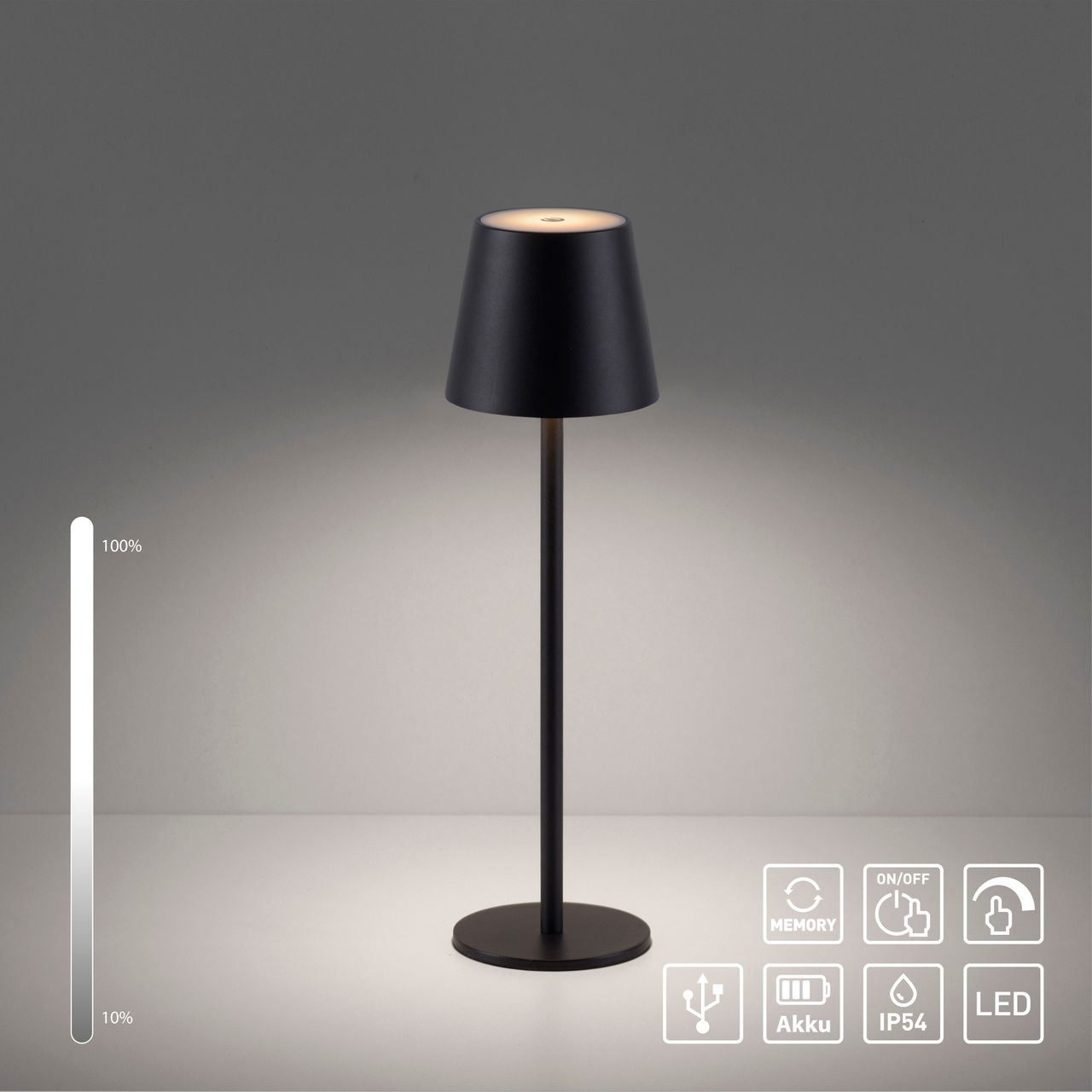 JUST LIGHT LED Tischleuchte, 1xLED-Board/3W/3000K, Akkuleuchte, IP54, Ladekabel, Schwarz