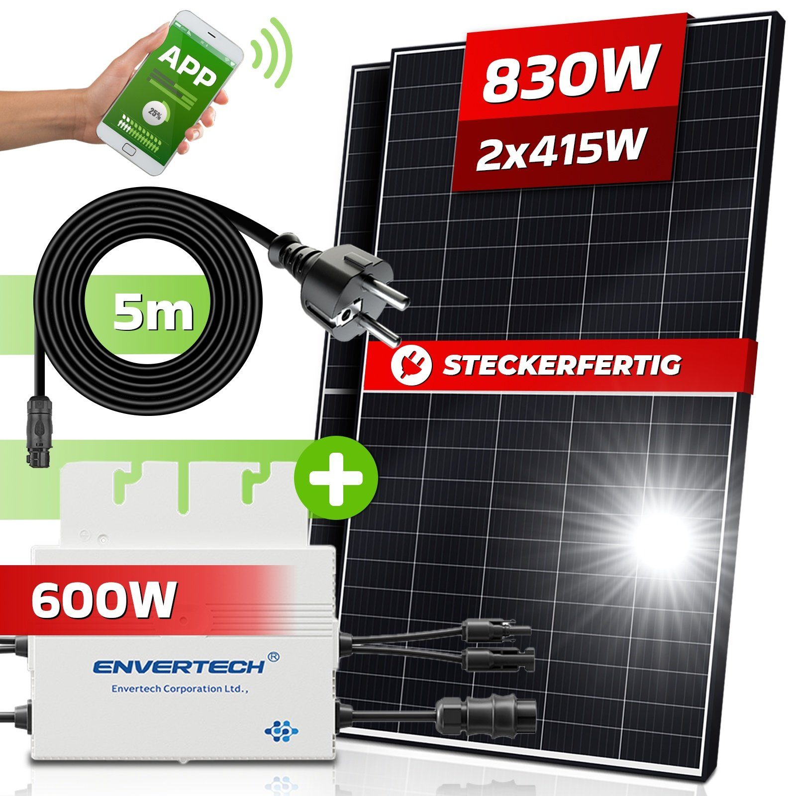 SUNNIVA Solaranlage Balkonkraftwerk 830W, 600,00 W, Monokristallin, (ENVERTECH Wechselrichter Solaranlage Komplettset mit 5m Anschlusskabel für Schuko Steckdose, Balkon Mini-PV Anlage mit WIFI APP und Stromerzeugung Messung), genehmigungsfrei, stecke