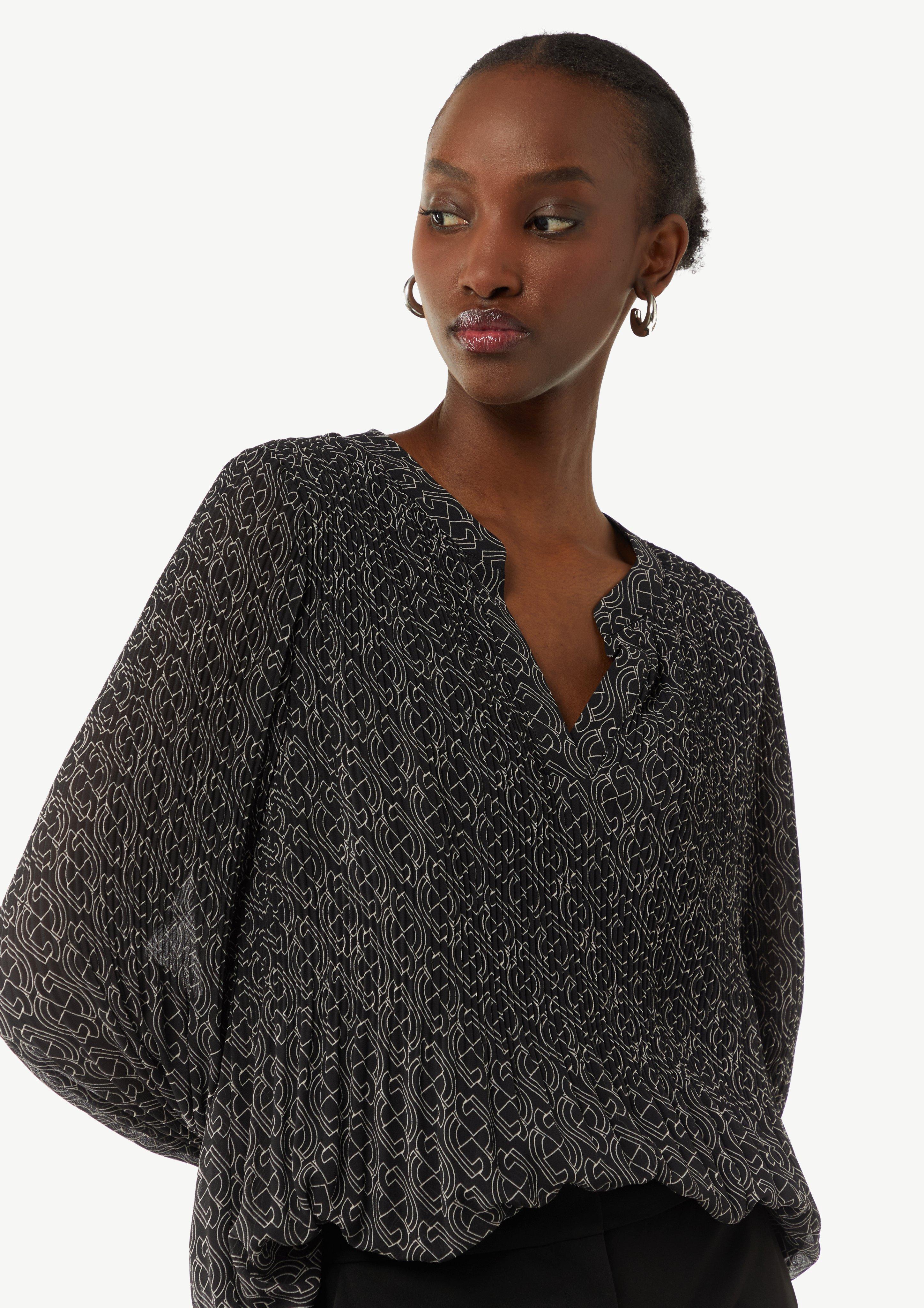 Plissierte Bluse aus Chiffon mit Logomuster - schwarz