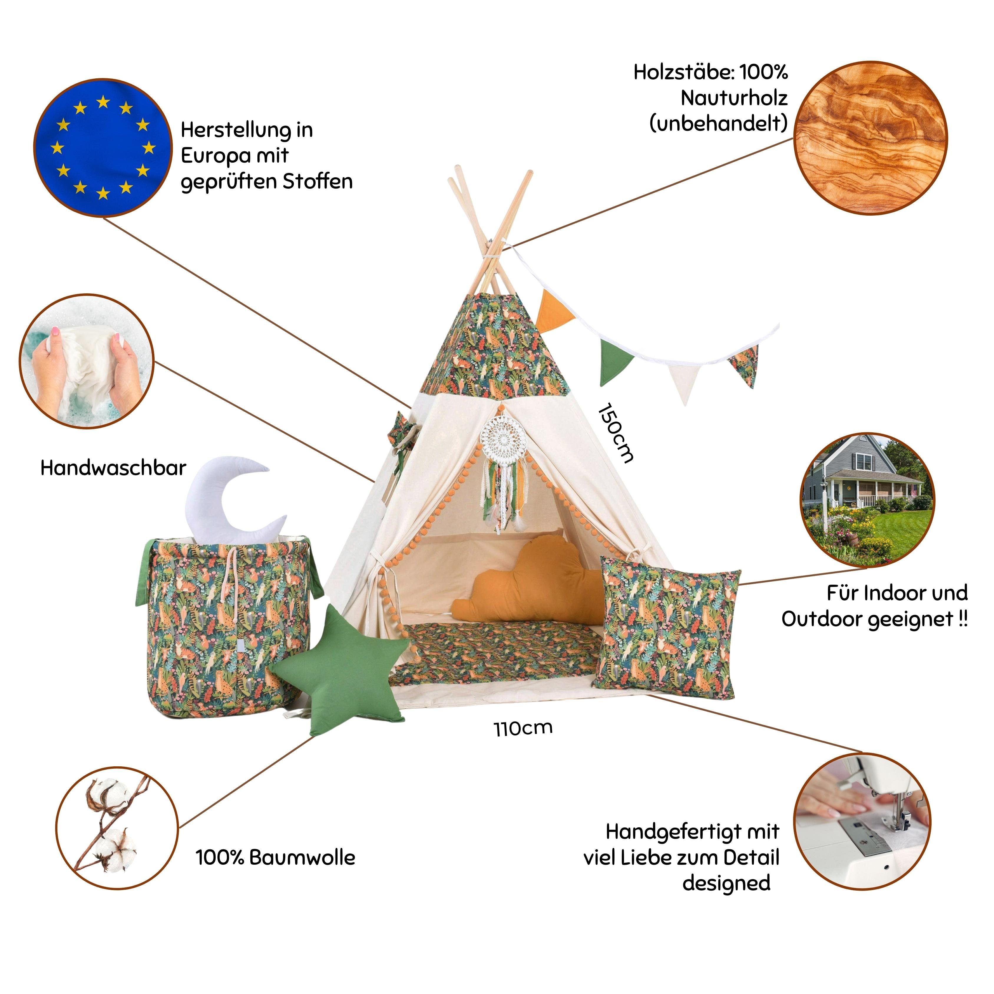 Rainbow Kids Tipi-Zelt Dschungel, Personen: 2 (mit Zubehör, 8 tlg., mit 4 Kissen, Matte, Spielzeugkorb und Wimpelkette)