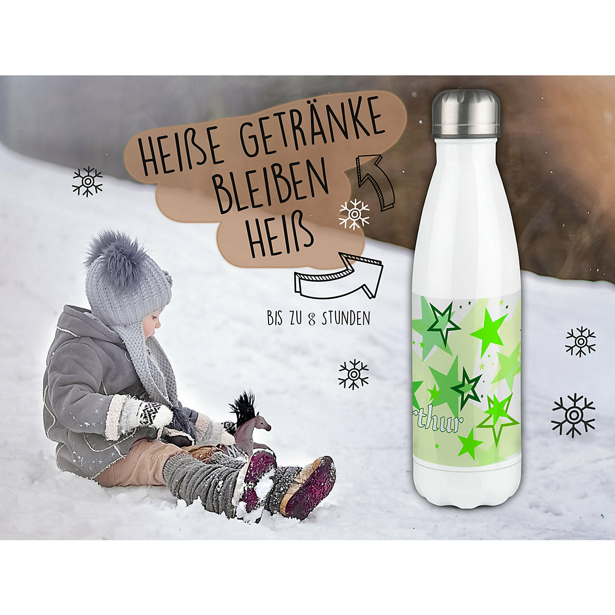 Edelstahl Kinder Thermoflasche / Trinkflasche bunt Sternenhimmel Farbe grün Spülmaschinenfest, Auslaufsicher, Bruchfest, Doppelwandig, Für Heißgetränke geeignet, Mit Deckel, Isoliert