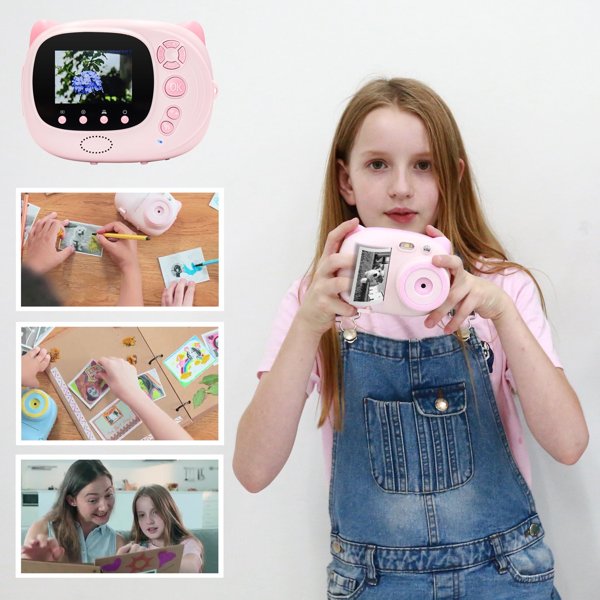 Fine Life Pro Kreative Kinderkamera Sofortbildkamera (24 MP, inkl. 12 farbigen Pinselstiften + 3 Rollen Druckpapier + Aufkleber, Videoaufnahmen mit Ton in Full HD, WIFI, automatische Blitzzuschaltung)