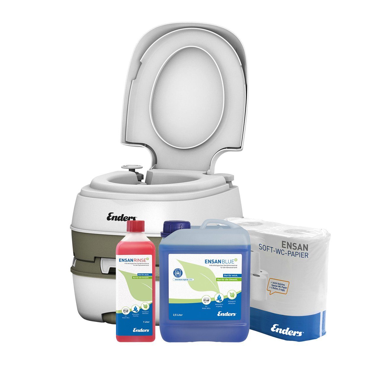 Enders® Campingtoilette SET Deluxe medium+: Deluxe + Rinse+ 1L + Blue+ 2,5L + WC-Papier, (Spar-Set, 1L RINSE+ + 2,5L BLUE+ + 4 Rollen selbstauflösendes Toilettenpapier), Kolbenpumpe, farbige Füllstandsanzeige, integrierte Transportrolle