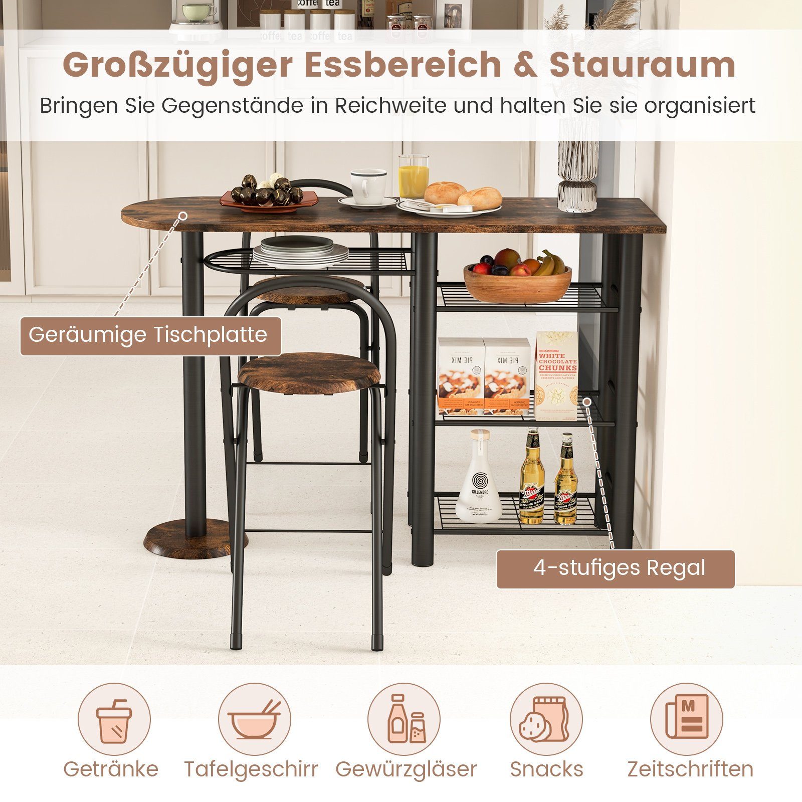 COSTWAY Bartisch (3-St), mit 2 Barhocker und 4-stufigem Regal, für 2 Personen