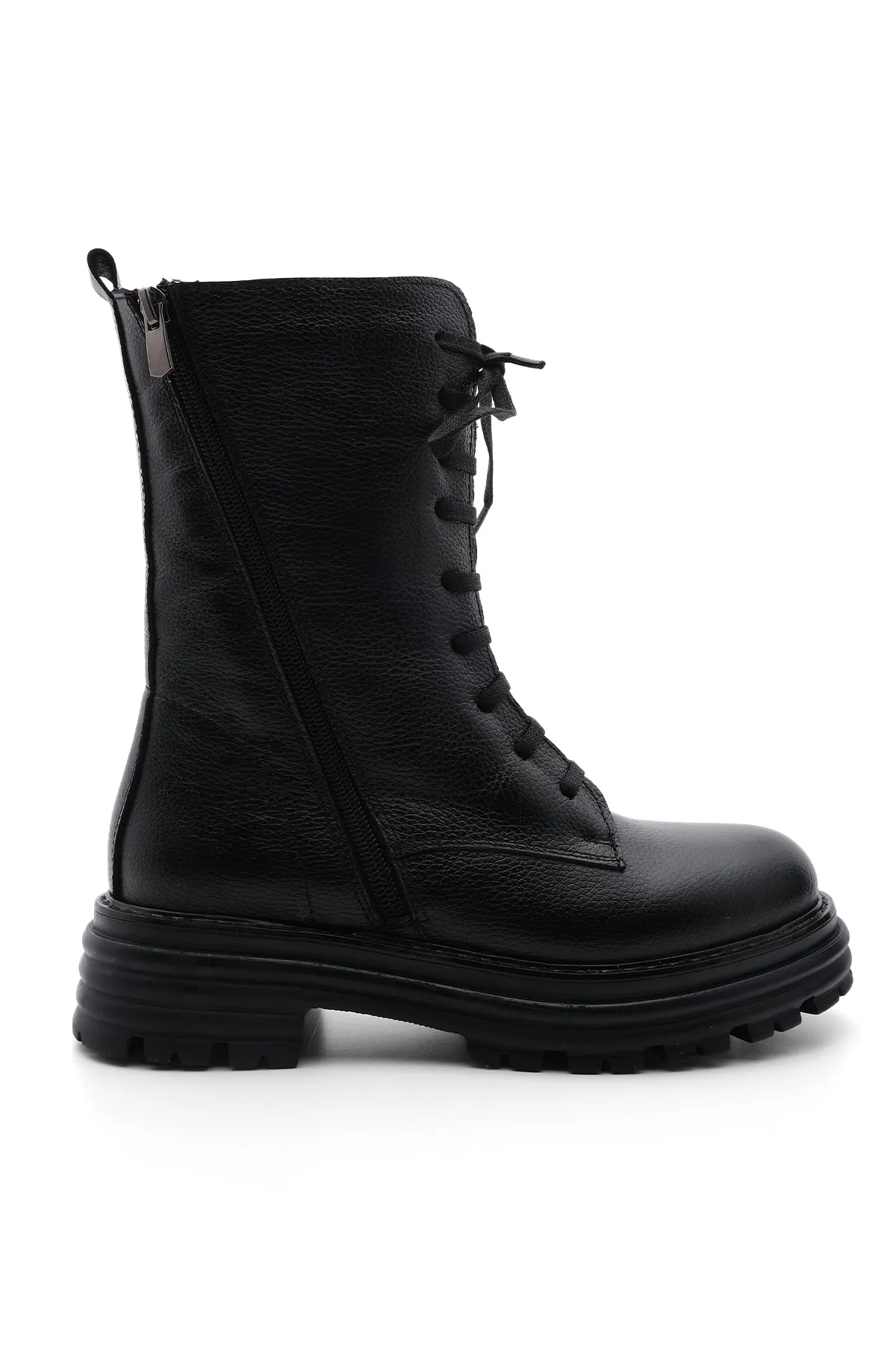 Marjin  Damenstiefel aus echtem Leder mit Reißverschluss und Schnürung, dicke Sohle, Alltagsstiefel Viles Schwarz