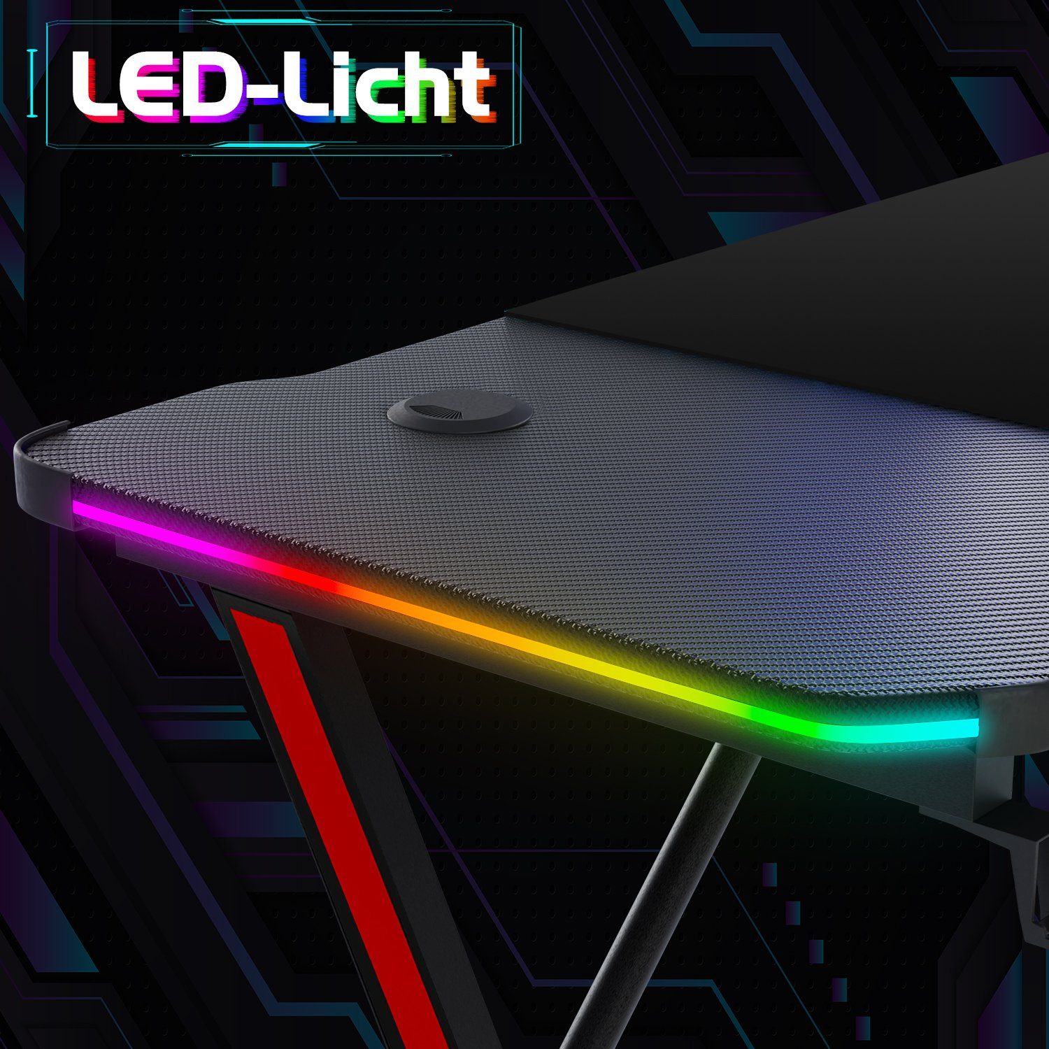 GUNJI Gamingtisch LED-Computertisch 120/140/160cm, mit Becherhalter und Kopfhörerhaken