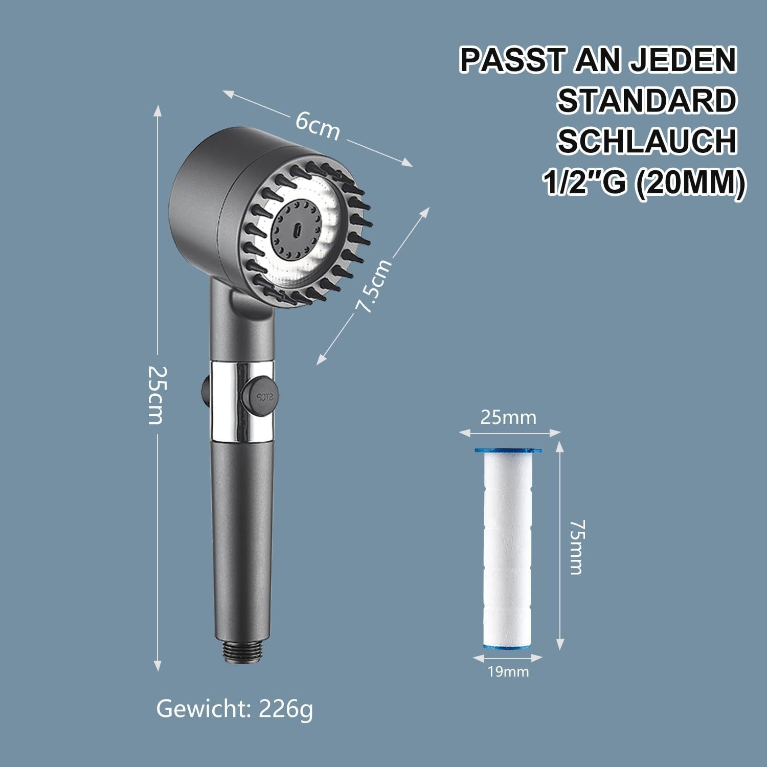 REDOM Handbrause Duschkopf Sparduschkopf Regendusche Hand Brause Brausekopf Duschbrause, (Massage Dusche Wassersparend Hochdruck Druckerhöhende Duschbrause), 3 Strahlarten mit Filter und Stoppfunktion