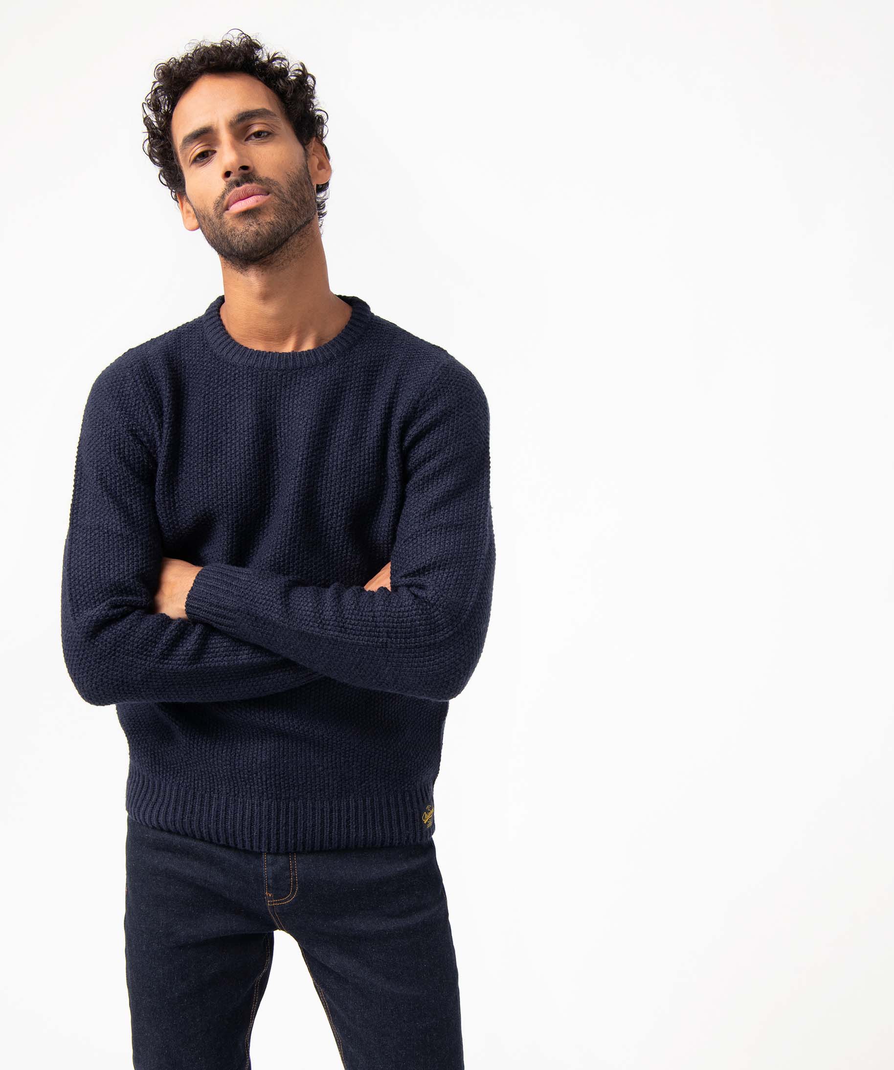 Pull homme en maille fantaisie contenant de la laine bleu fonce | GEMO