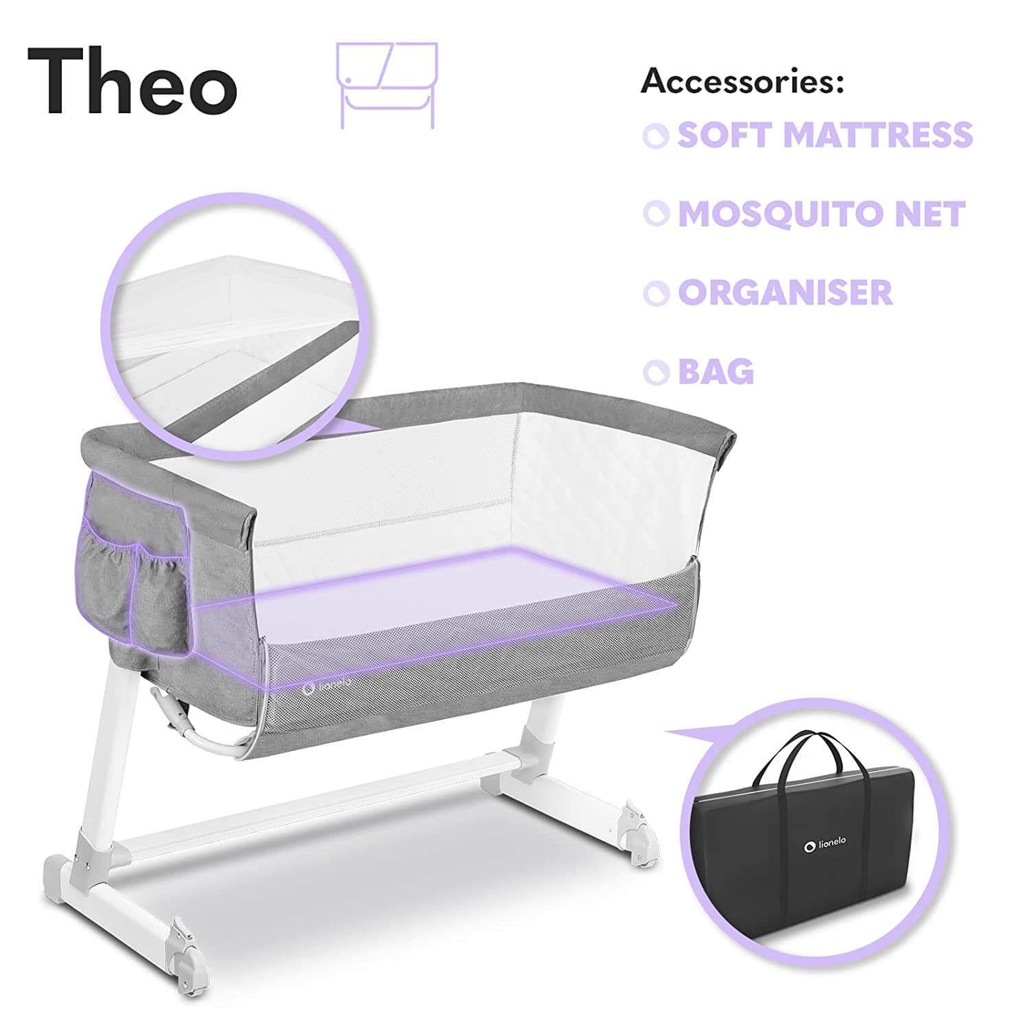 lionelo Beistellbett Lionelo Theo Baby Beistellbett Kinderbett grau Babybett Zustellbett
