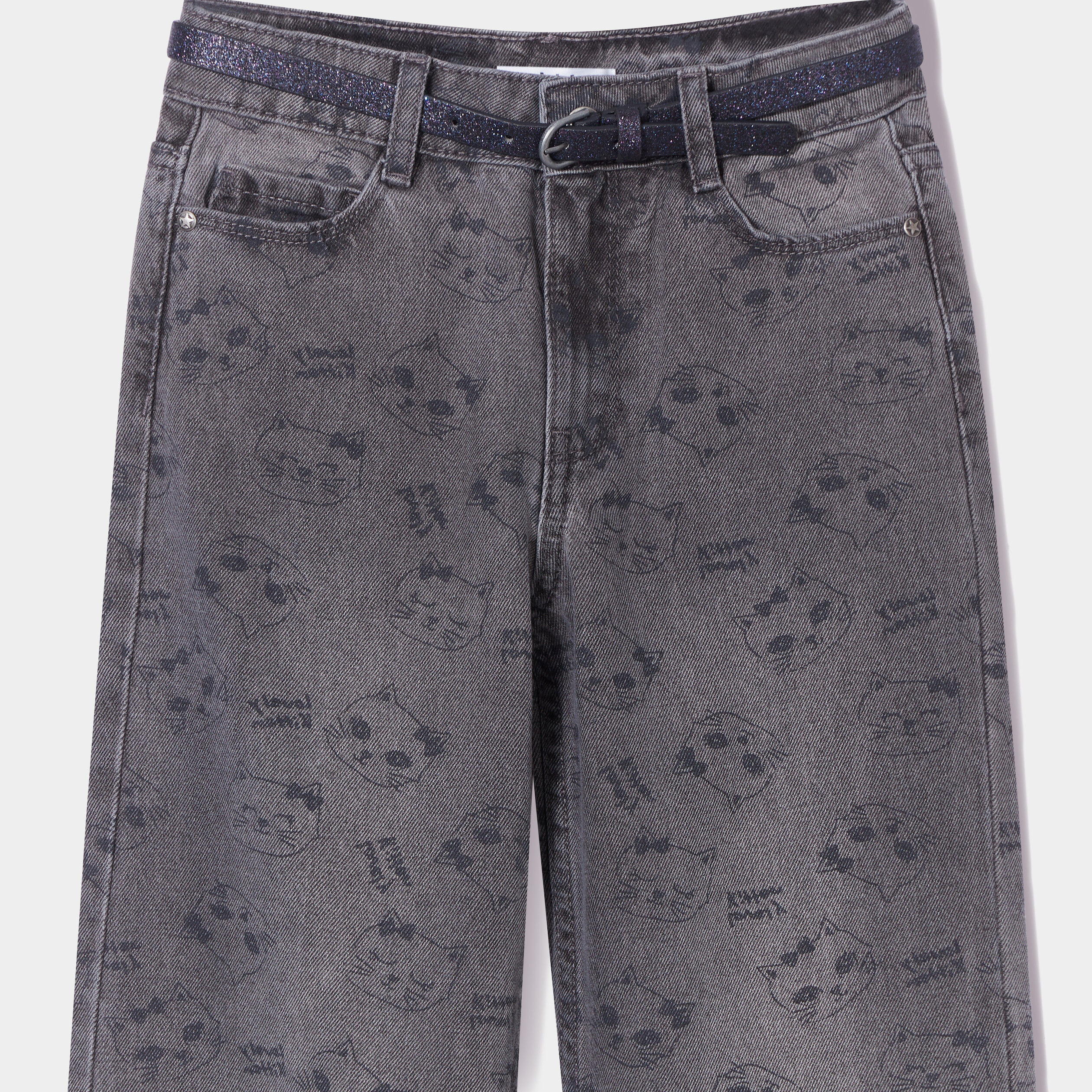 Jeans large ceinture pailletée coton gris foncé fille | La Halle