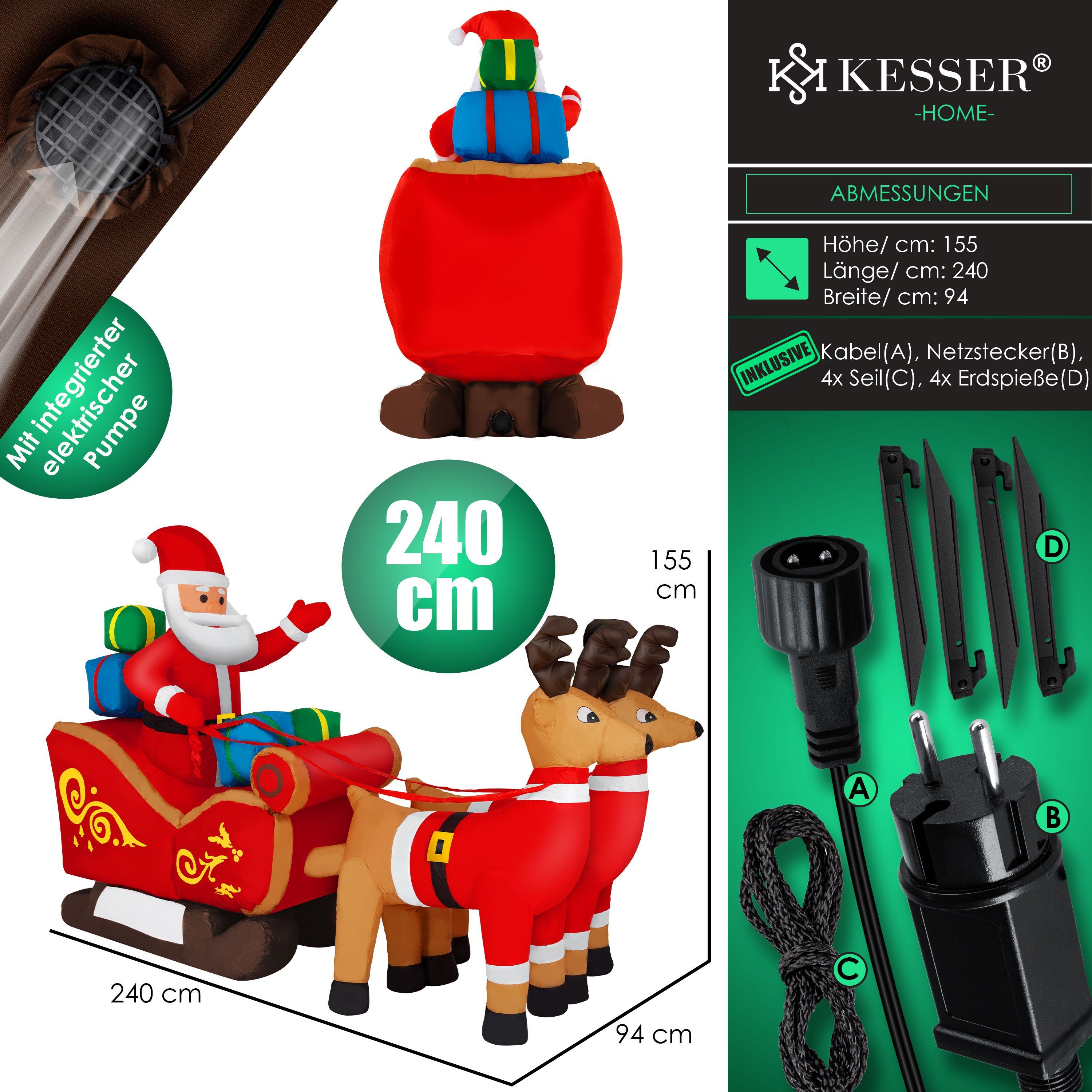 KESSER Weihnachtsfigur, Aufblasbarer Weihnachtsmann Schlitten XXL Nikolaus Rentier
