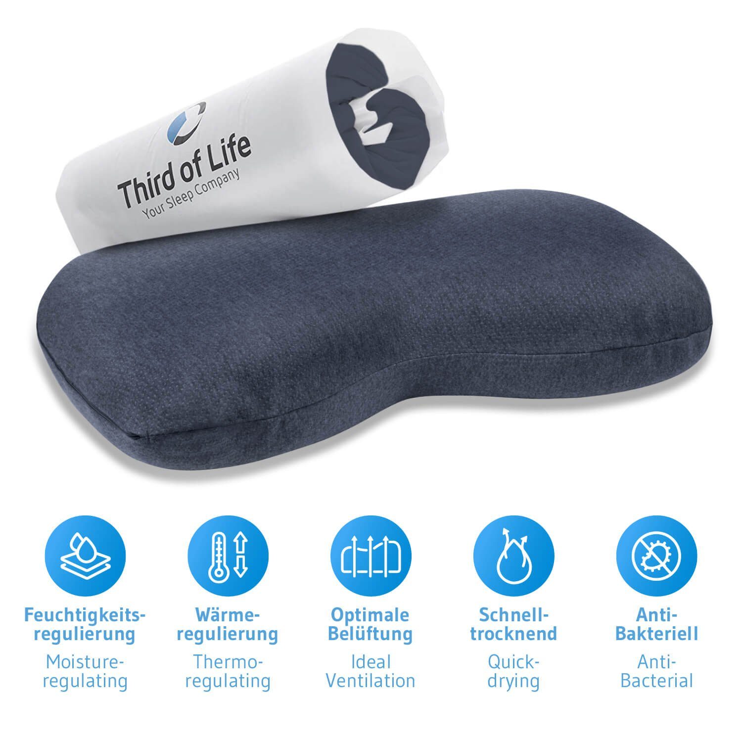 Third of Life Seitenschläferkissen NuMOON Thermic QuickDry, Kopfkissen aus Visco Schaum mit Bambus-Aktivkohle und schnell-trocknenden Bezug, Kissen mit Schulterbogen, 40x56