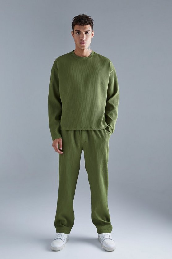 Langärmliges kastiges Oversize T-Shirt & Hose mit geradem Bein