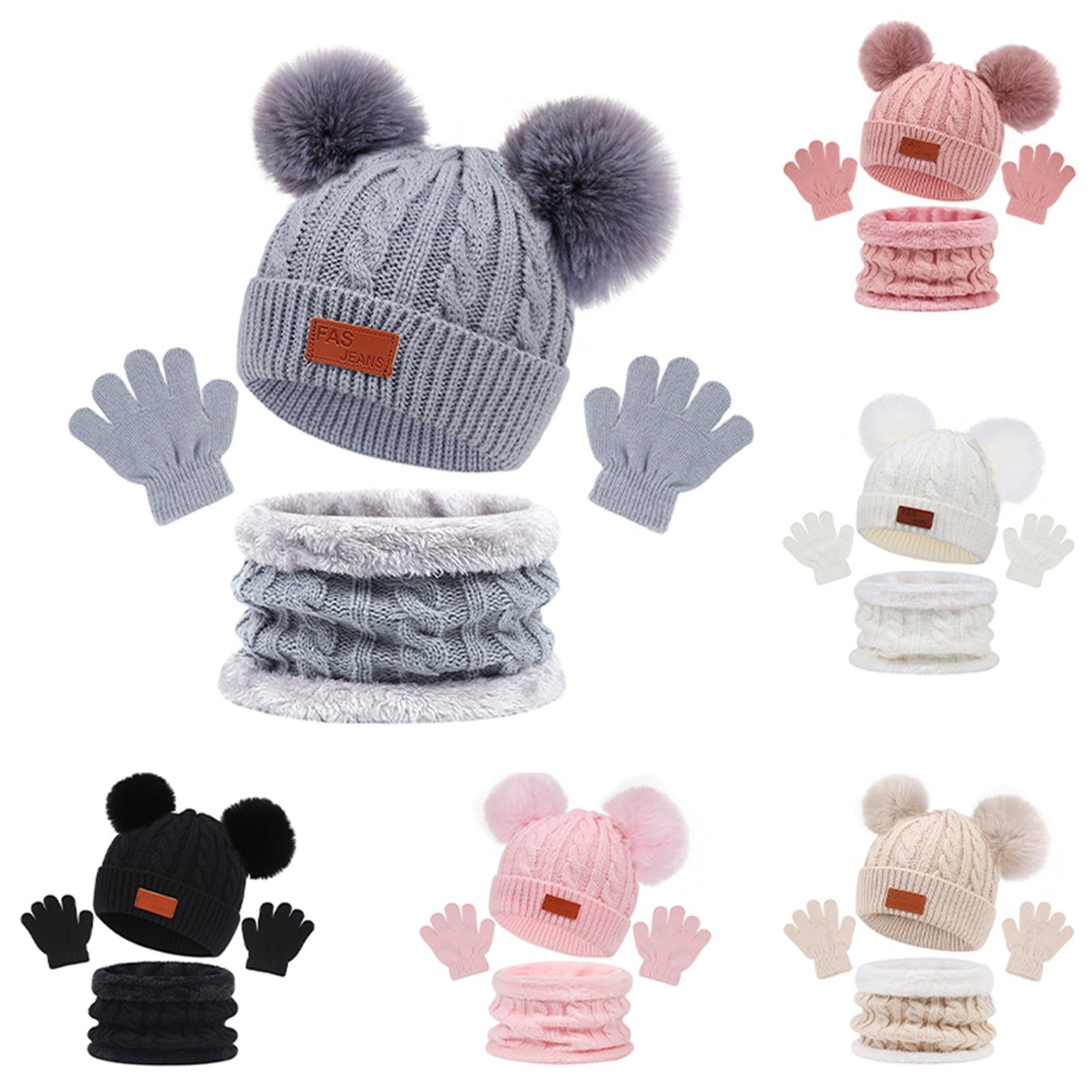 Rutaqian Mütze & Schal 3 In 1 Kinder Winter Set, Kinder Wintermütze Schal Handschuhe Mädchen (Warme Winter Beanie Hut Handschuhe runder Schal Set für Kinder 1-4 Jahre, Strickmütze Babymütze Kinder Mütze Set)