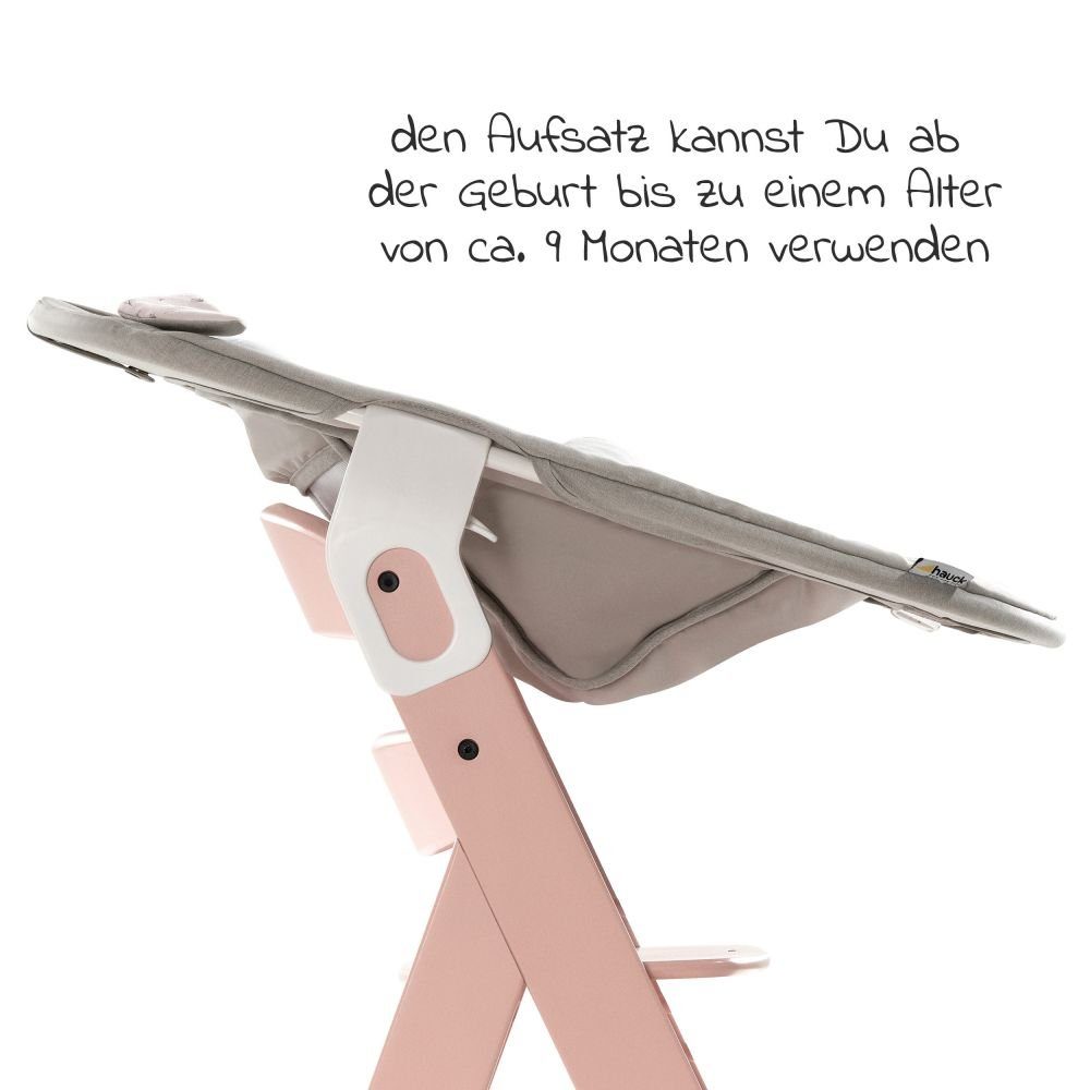Hauck Hochstuhl Alpha Plus Rose Newborn Set Powder Bunny (Set, 4 St), Holz Babystuhl ab Geburt inkl. Aufsatz für Neugeborene & Sitzauflage