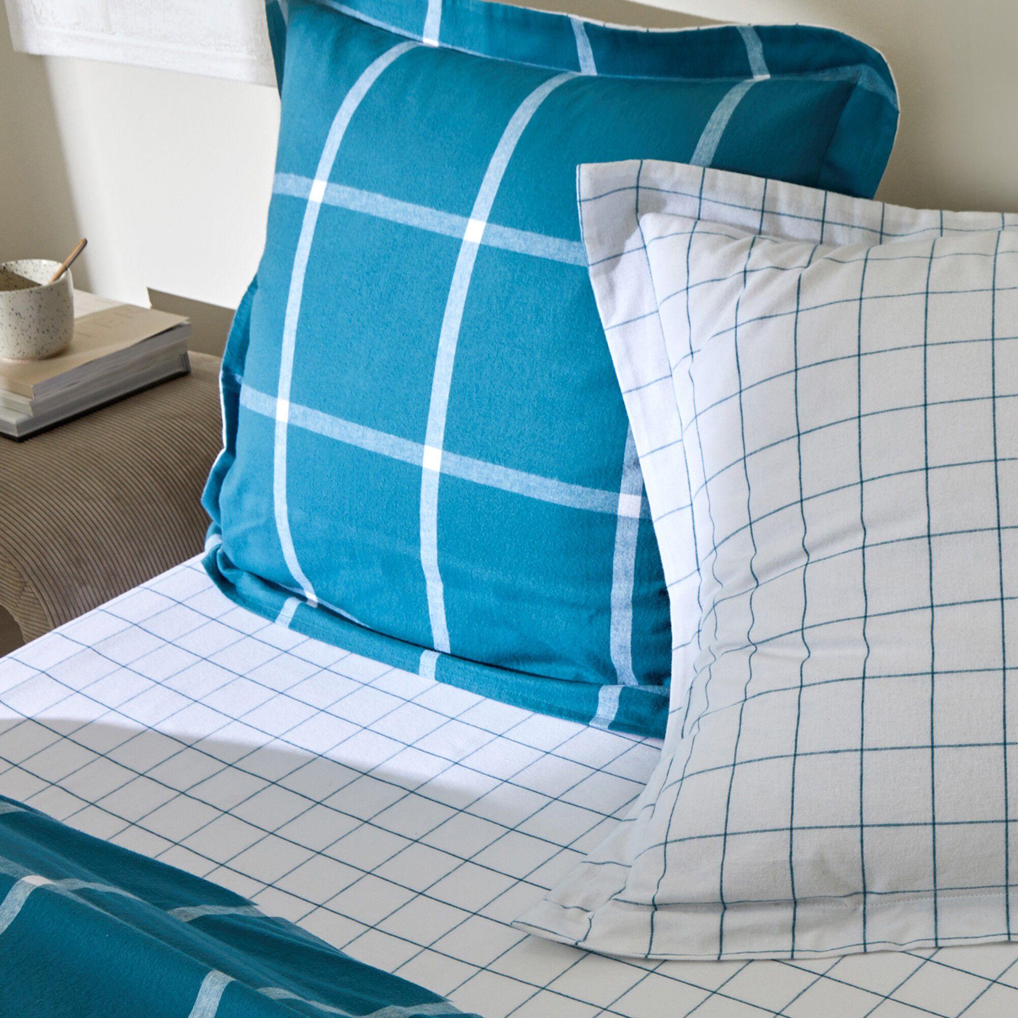Linge de lit à carreaux réversible flanelle tissé teint