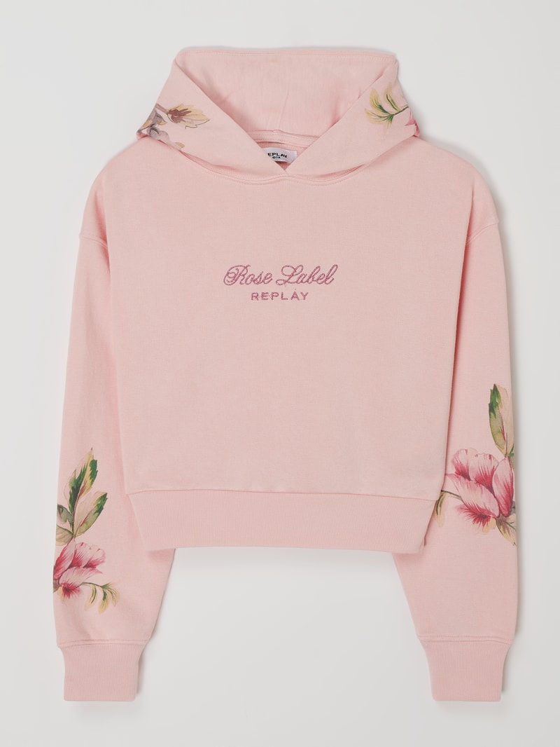 Hoodie mit floralen Stickereien in rosa