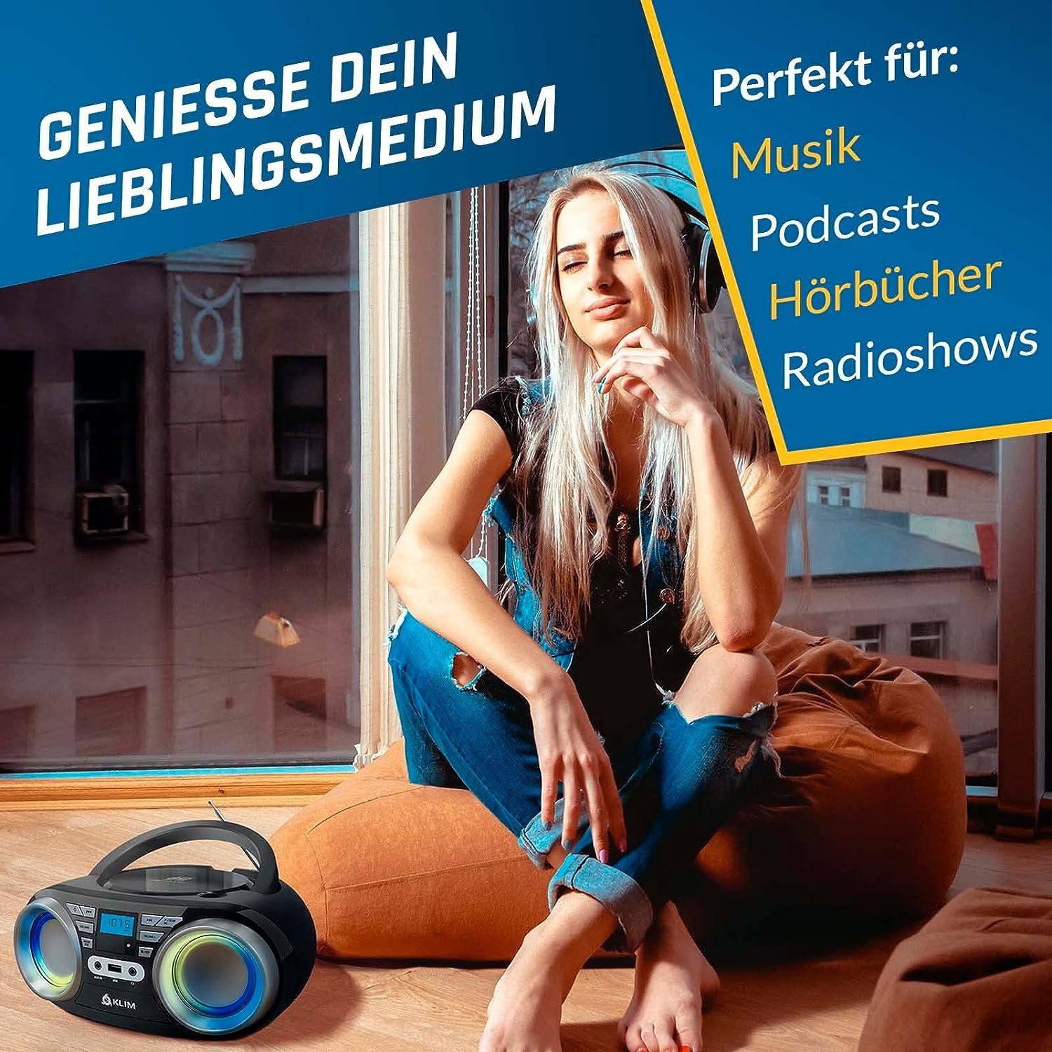 KLIM Boombox B3 Stereo-CD Player (Tragbarer CD Player, FM Radio, MP3, kabelloser Betrieb mit wiederaufladbaren Akku, Digitaler EQ)