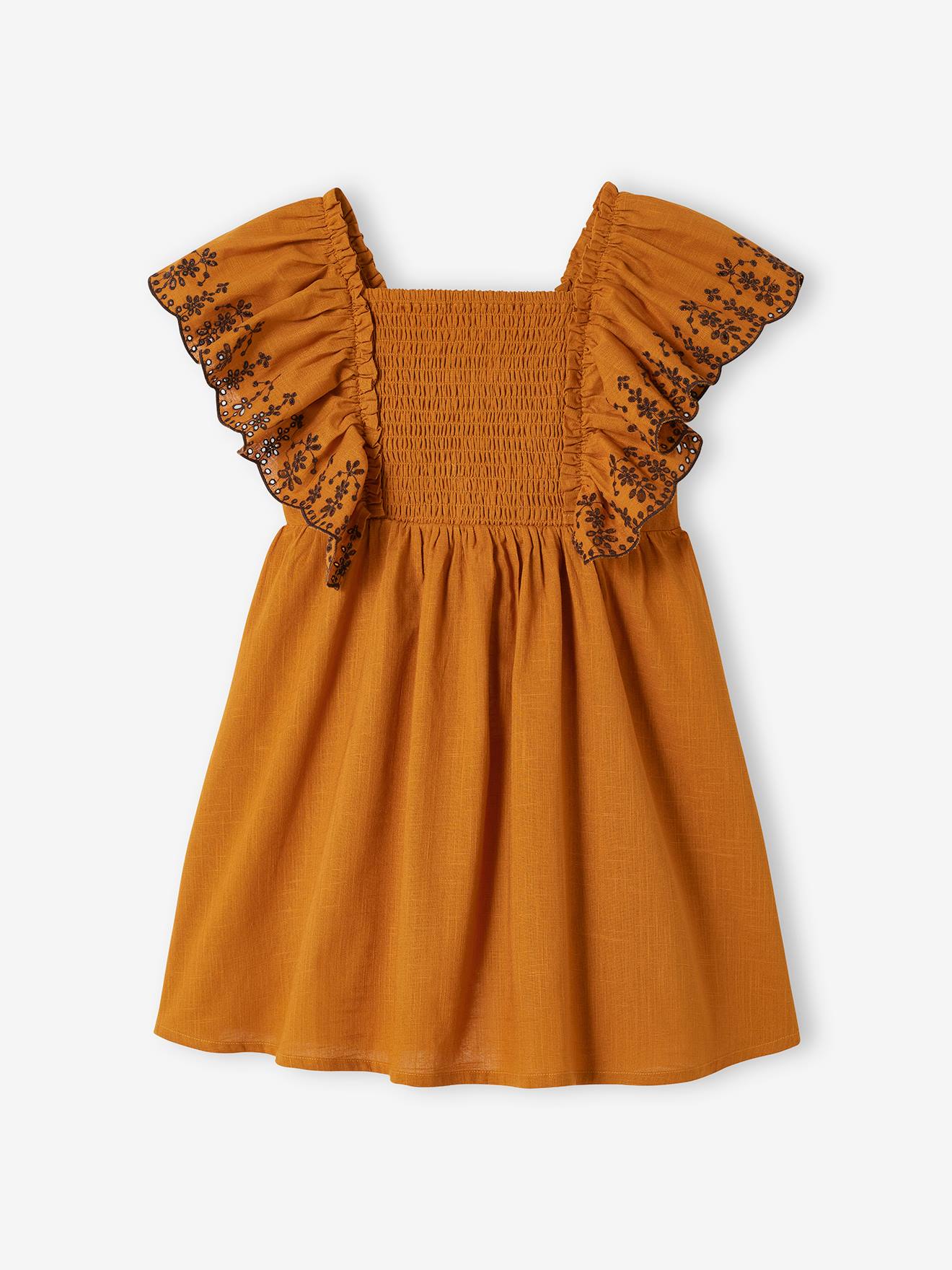 Robe smockée manches brodées fille caramel