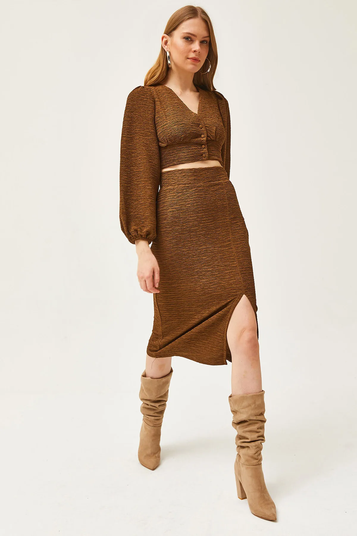 Olalook  Brauner Strickanzug mit Schlitzrock für Damen TKM-19000255