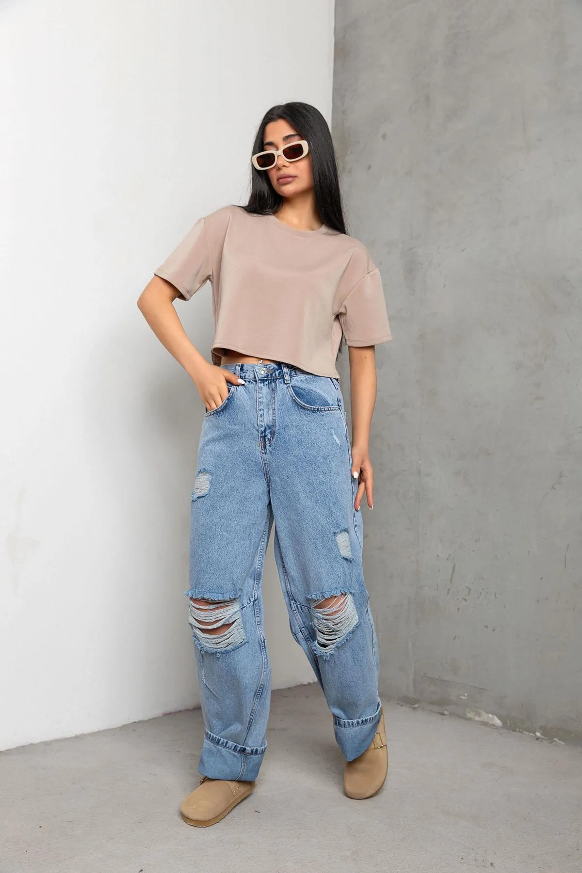 Maule  Schnalle im Detail, lockerer Schnitt, weites Bein, bequeme Baggy-Jeans, lockere Damenhose @milano