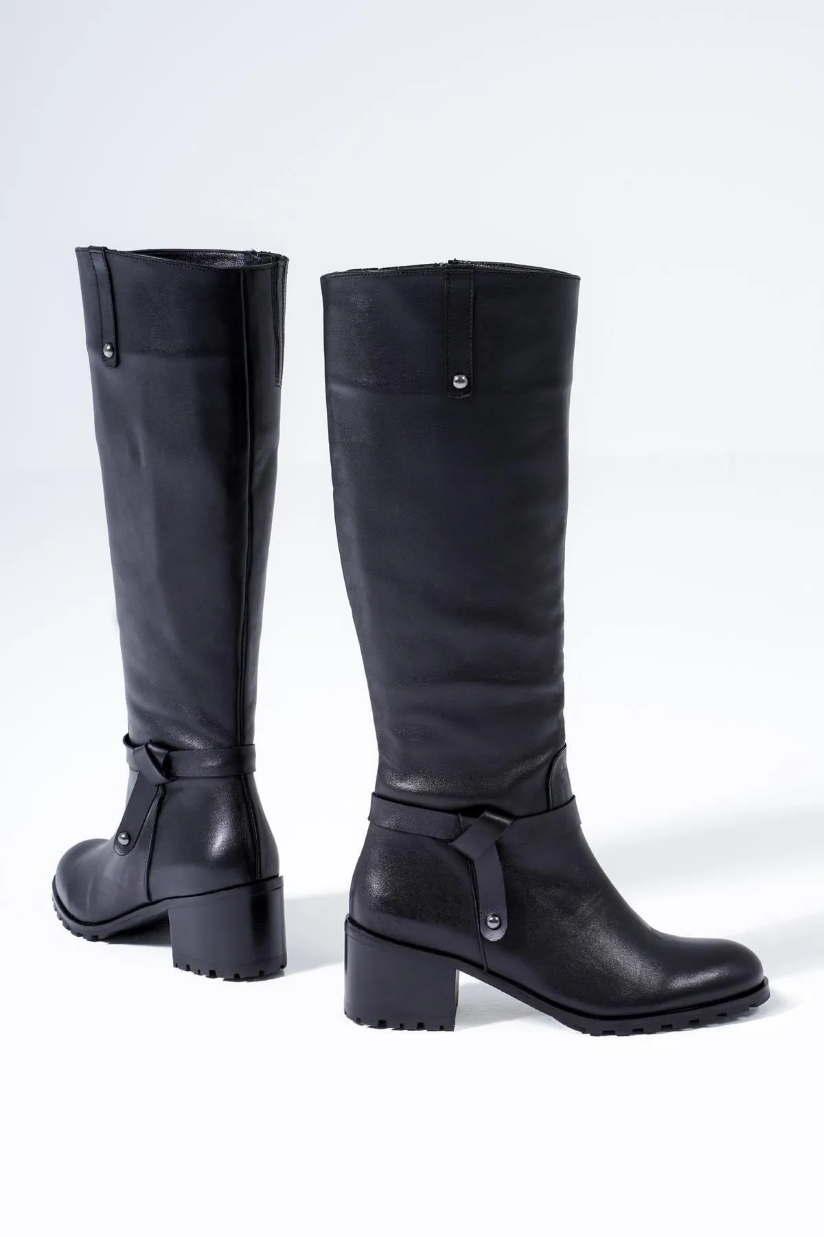 CZ London  Damenstiefel aus echtem Leder mit Absatz, Nieten, Schleife, langer Reißverschluss