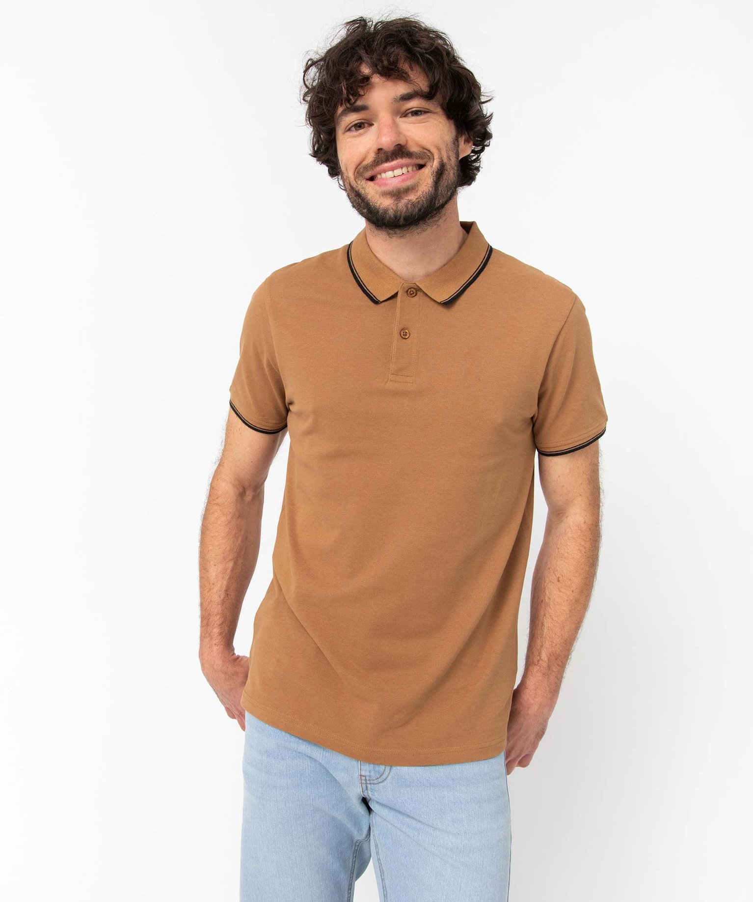Polo homme à manches courtes et finitions contrastantes marron | GEMO