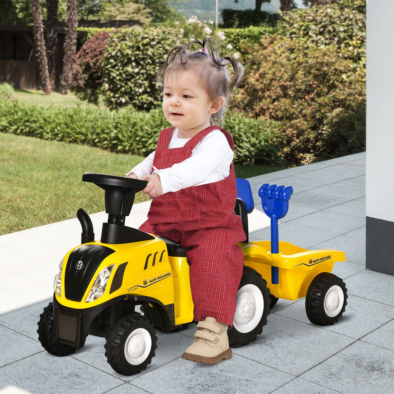 HOMCOM Kinderfahrzeug Laufhilfe mit Anhänger, Hupe Kunststoff Metall Gelb