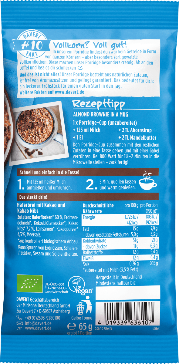 Porridge Cup, Hafer Schokolade mit Kakao Nibs, 65 g