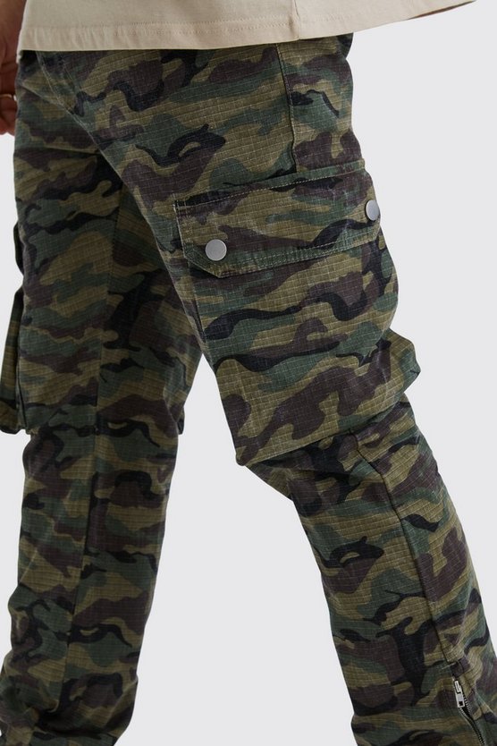 Slim Camouflage Cargo Ripstop Hose mit Reißverschluss