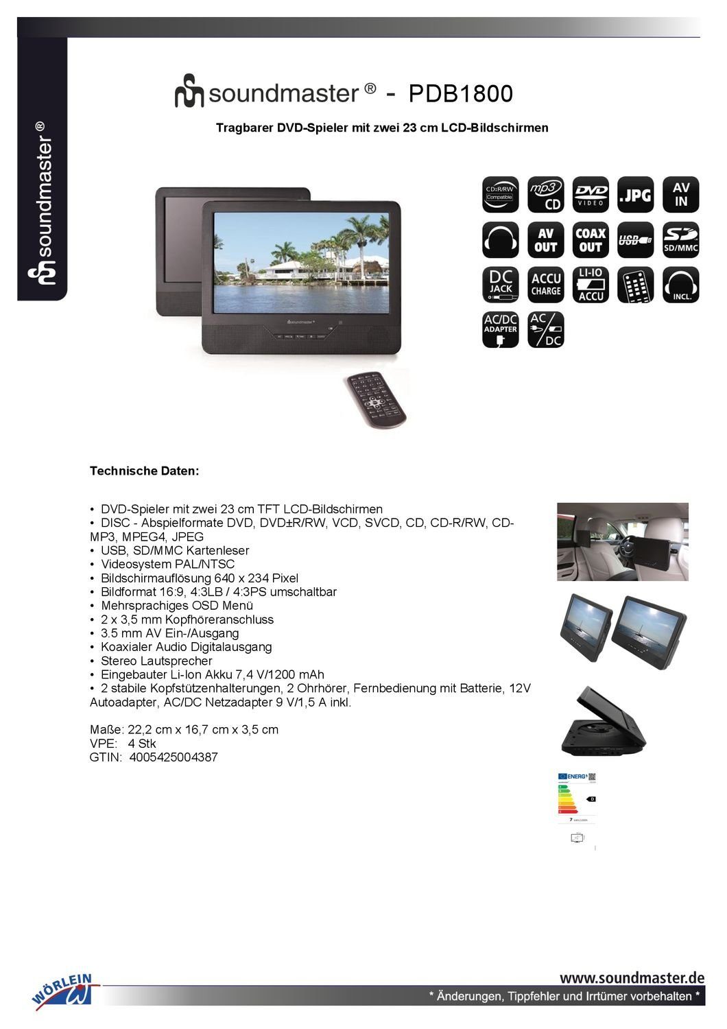 Soundmaster PDB1800 portabler DVD-Player Akku 2 Monitore Kopfstützenhalterung Auto DVD-Player