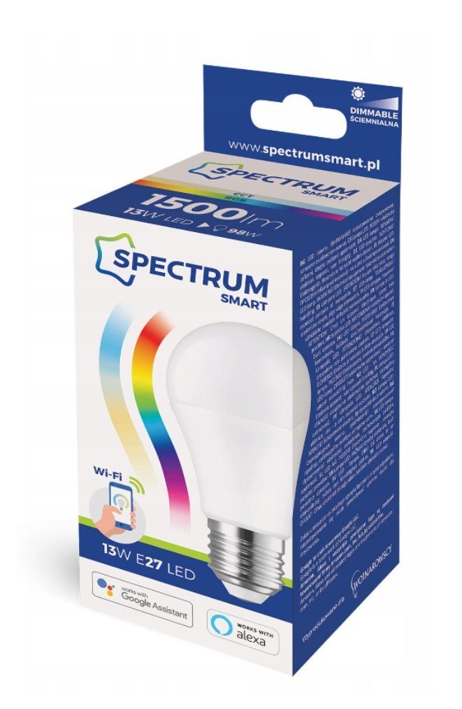 Spectrum SMART LED-Leuchtmittel LED E27 A66 Smart Home 13W = 98W bunt 2700K-6000K Alexa Google DIMMBAR, E27, Farbwechseler, CCT-Farbtemperatursteuerung - warmweiß bis tageslichtweiß, RGB, WiFi