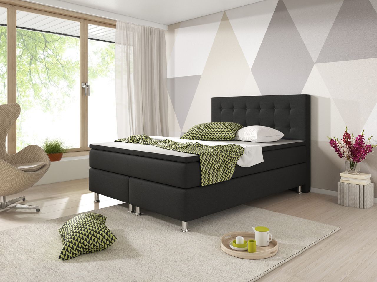 IHG Boxspringbett Köln 140x200 Webstoff Schwarz