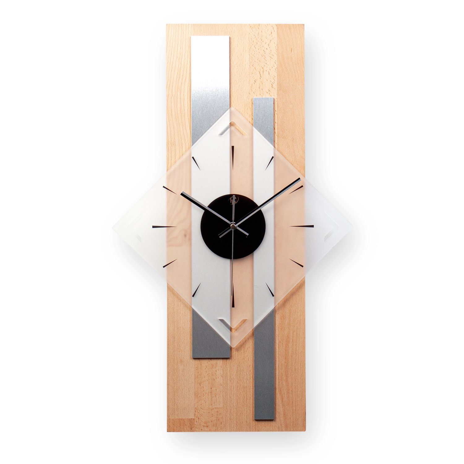 Kreative Feder Wanduhr Designer-Wanduhr „Silver Stripes“ aus hochwertigem Massivholz (ohne Ticken; Funk- oder Quarzuhrwerk; elegant, außergewöhnlich, modern)