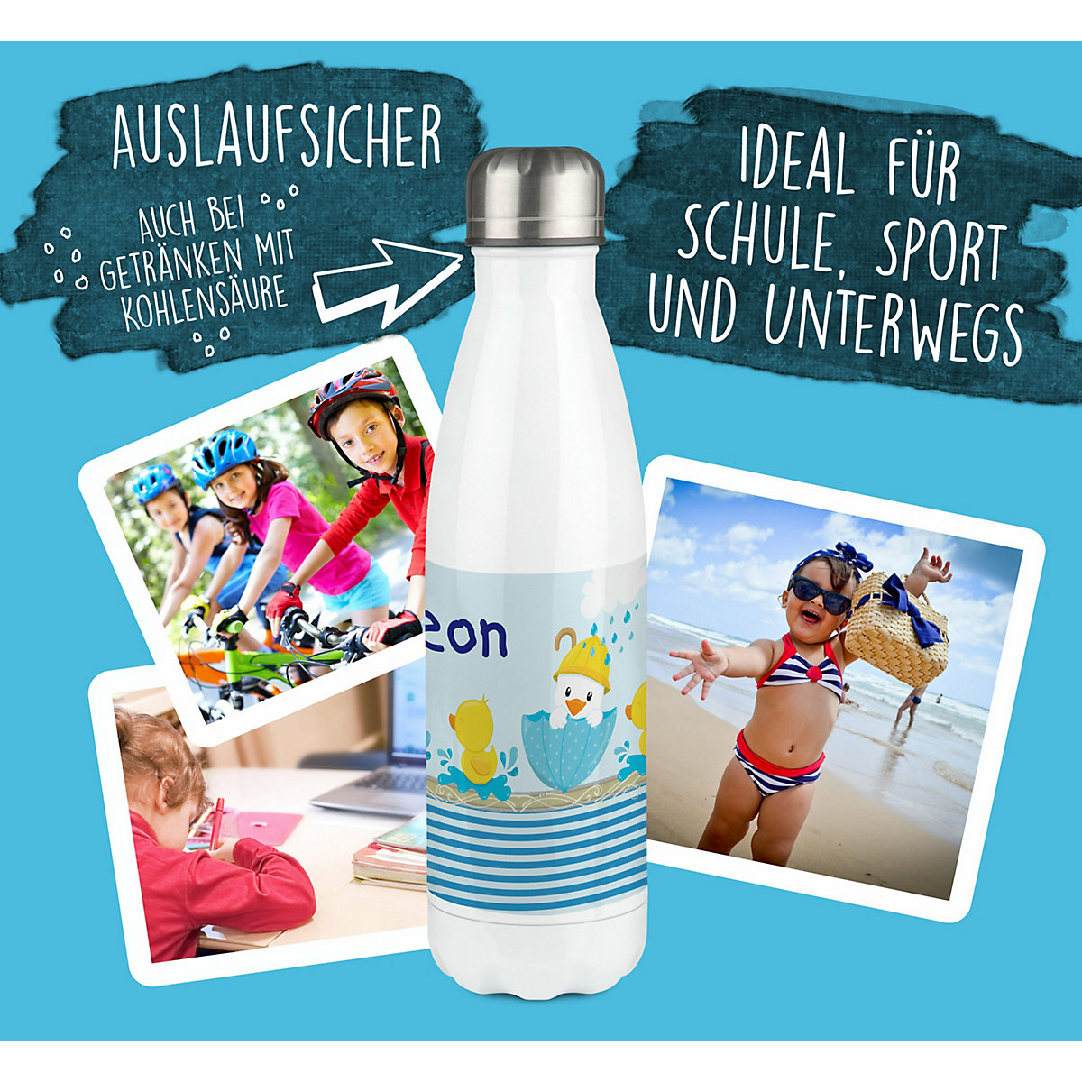 Edelstahl Kinder Thermoflasche / Trinkflasche bunt Ente Spülmaschinenfest, Auslaufsicher, Bruchfest, Doppelwandig, Für Heißgetränke geeignet, Mit Deckel, Isoliert