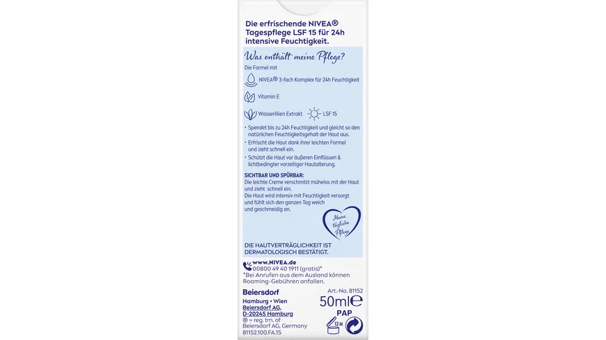 NIVEA Erfrischende Tagespflege 24h Feuchtigkeit Normale Haut und Mischhaut LSF 15 Tube 50 ml