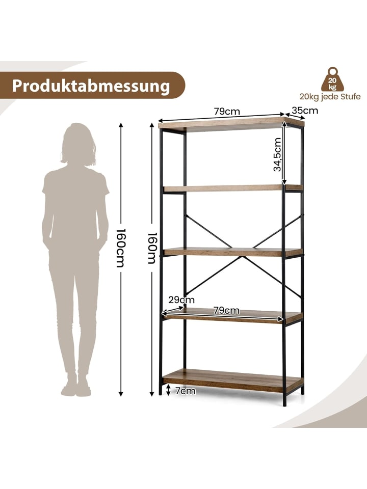 COSTWAY Bücherregal mit 5 Ebenen in Braun günstig kaufen 160 cm