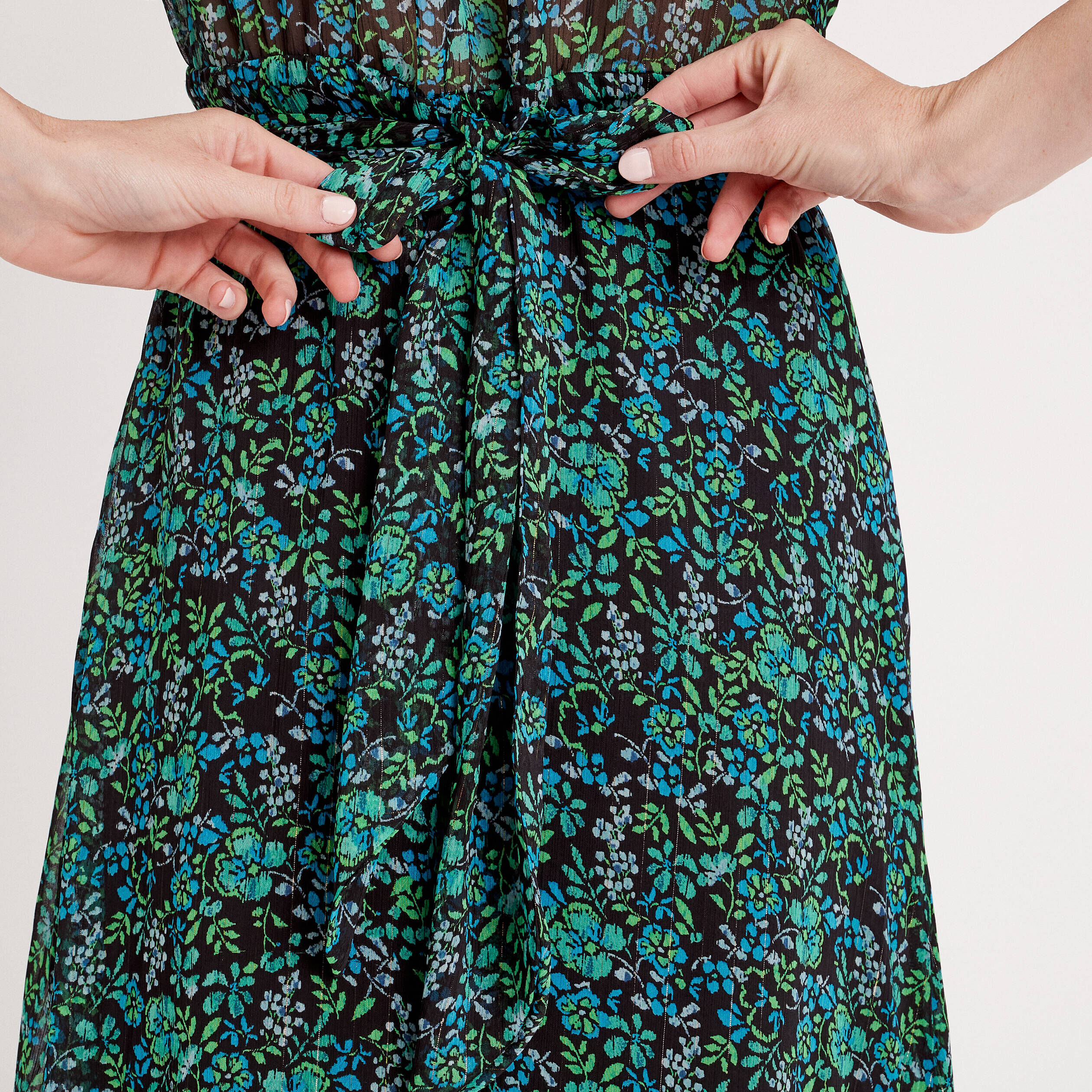 Robe longue évasée col en V vert femme | Cache Cache