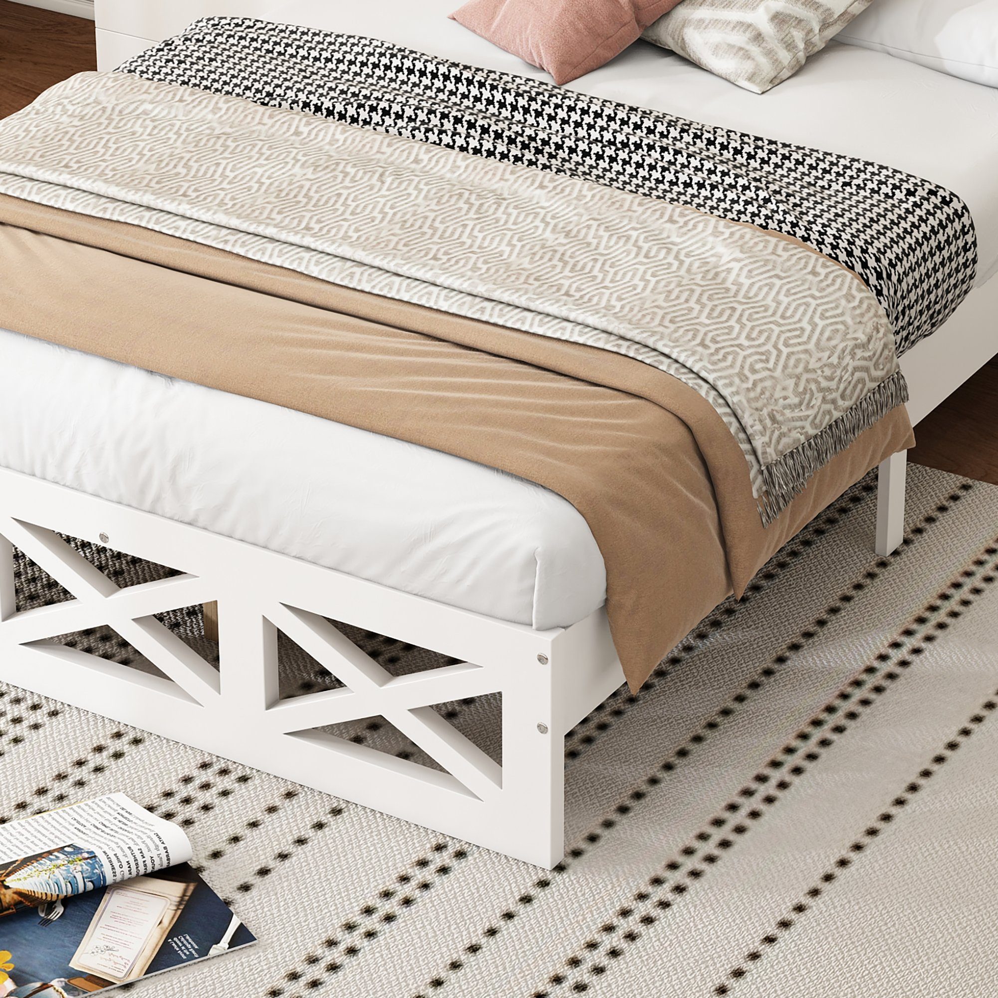 HAUSS SPLOE Holzbett Holzbett Doppelbett Bettgestell Kinderbett Gästebett (mit Holz Lattenroste und Aufbewahrungsfunktion, Kopfteil mit Stauraum), 140*200 cm, Weiß