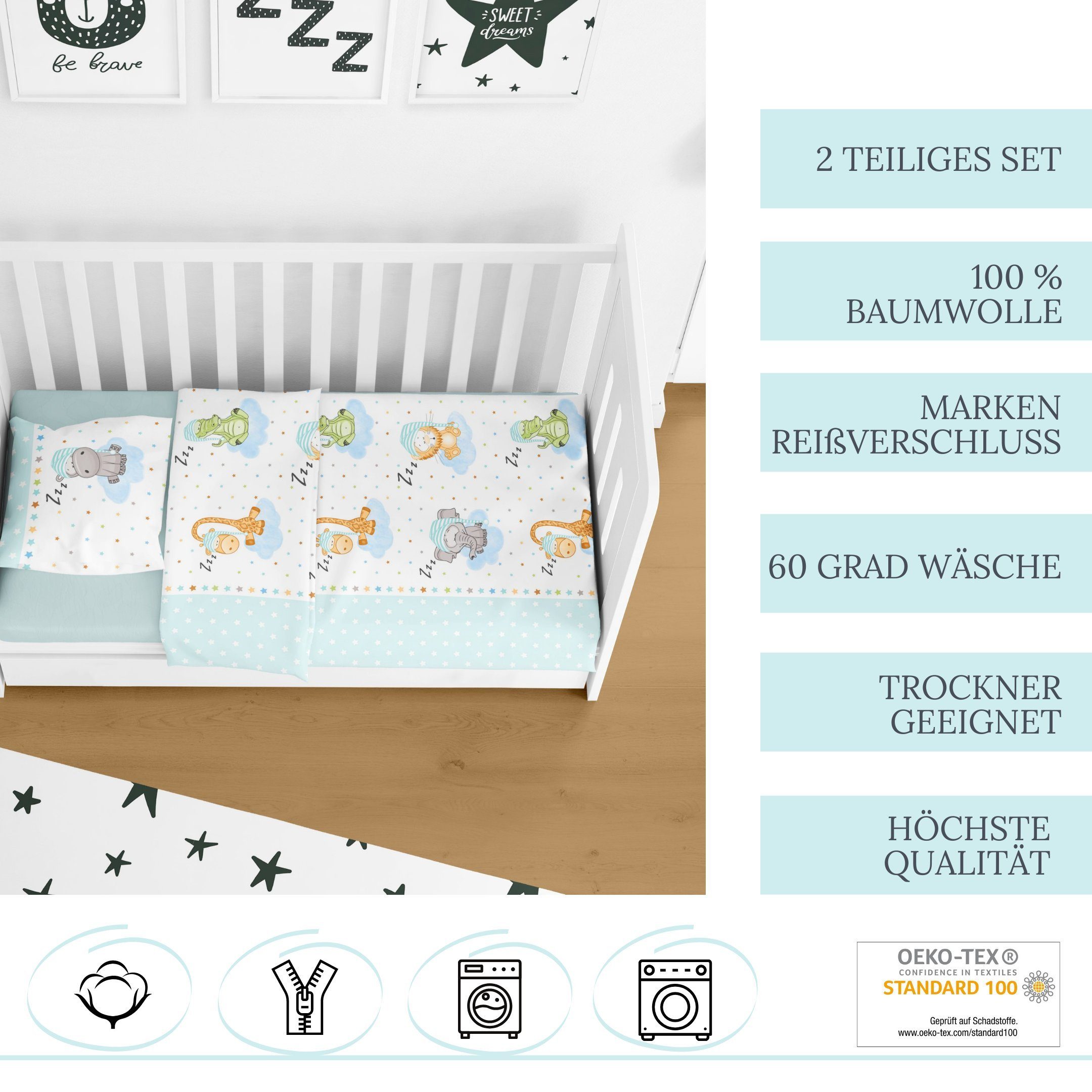 Kinderbettwäsche Zootiere 100x135 + 40x60 cm 2 tlg., 100 % Baumwolle in Biber, Sterne, MTOnlinehandel, Biber, 2 teilig, Babybettwäsche mit Tieren: Elefant Löwe Giraffe Krokodil und Nilpferd