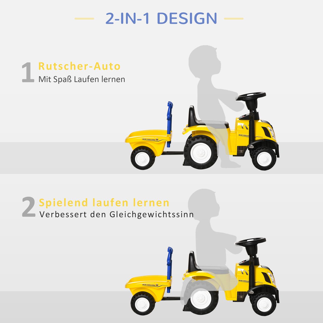 HOMCOM Kinderfahrzeug Laufhilfe mit Anhänger, Hupe Kunststoff Metall Gelb