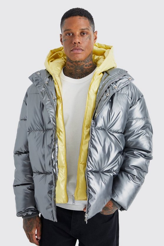 Doppellagige Metallic Steppjacke mit Kapuze