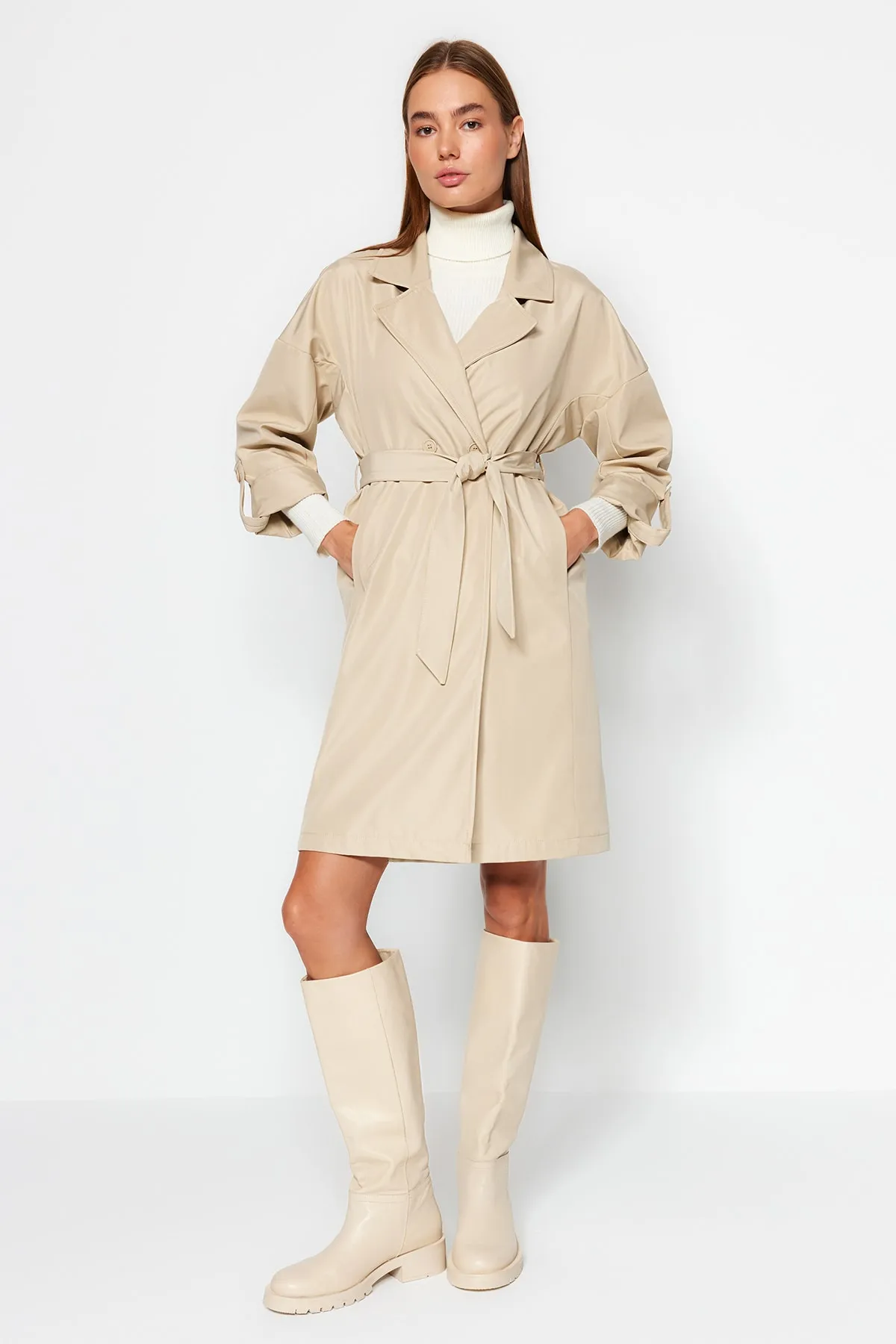 Trendyol Collection  Beiger wasserabweisender langer Trenchcoat TWOAW24TR00019