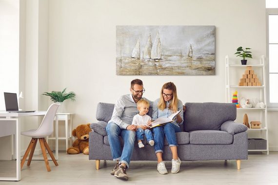 YS-Art Gemälde Sonnenblendung, Landschaftsbilder, Gold Segelboote Meer Wasser Leinwand Bild Handgemalt